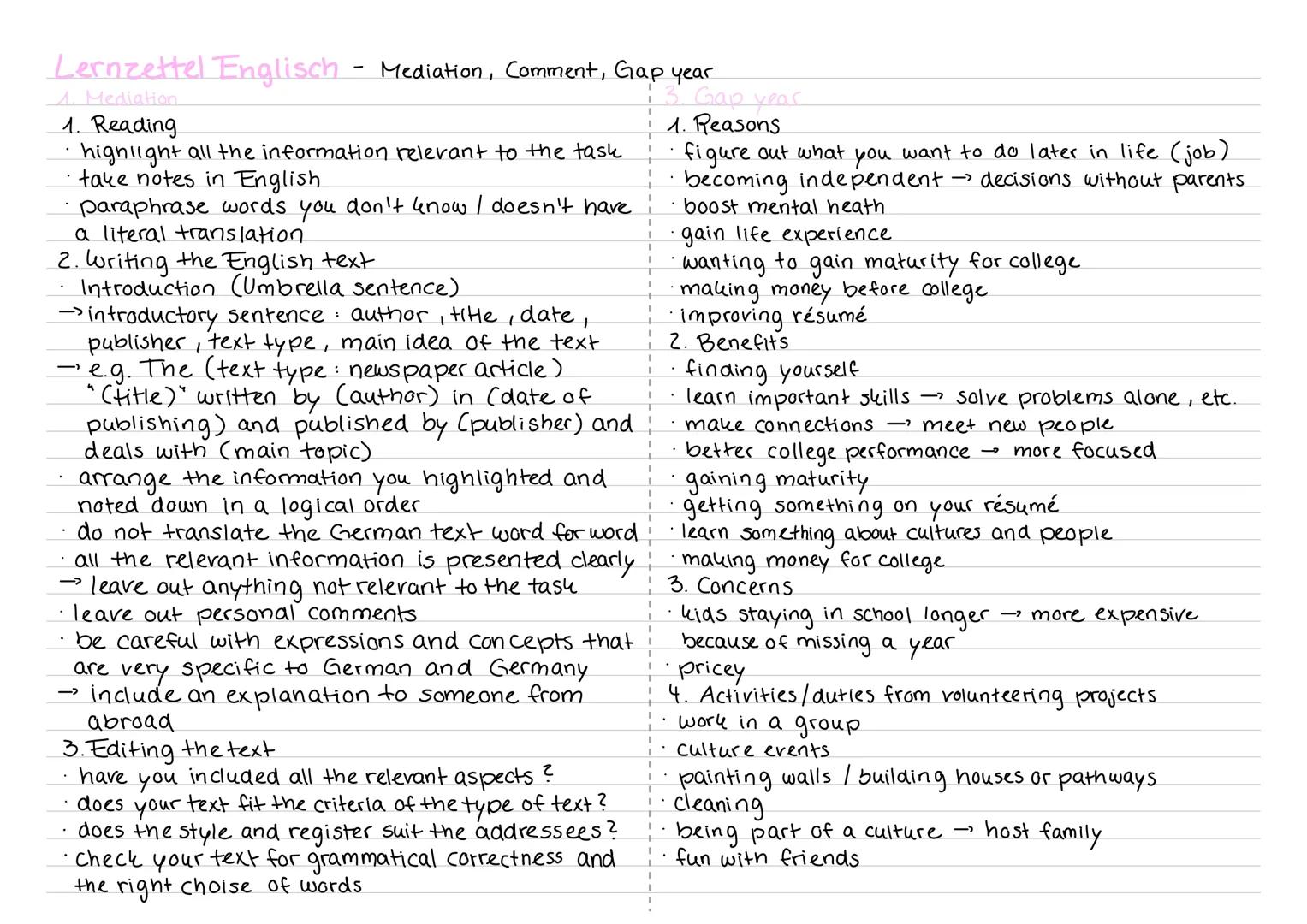 Lernzettel Englisch
1. Mediation
Mediation, Comment, Gap year
1. Reading
highlight all the information relevant to the task
take notes in En