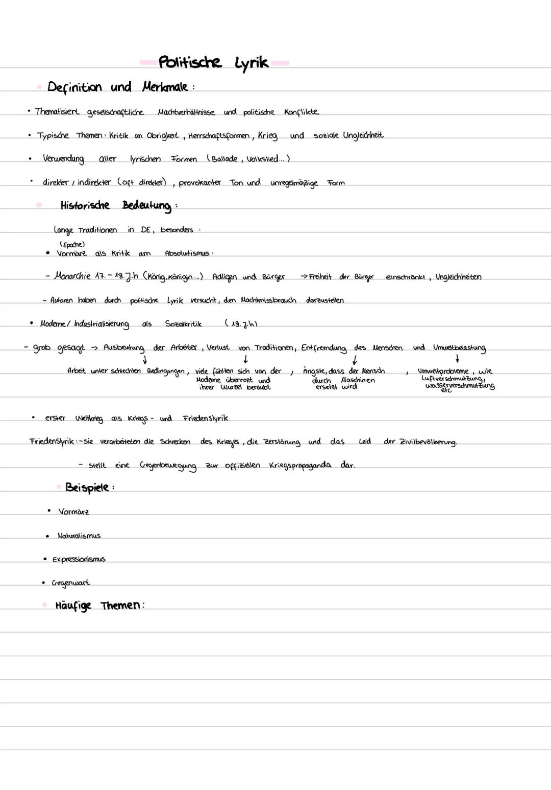 --- OCR Start ---
Politische Lyrik
Definition und Merkmale:
Thematisiert gesellschaftliche
Machtverhältnisse und politische Konflikte
Typisc