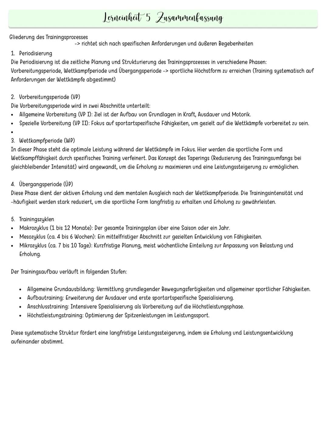 # Lerneinheit 1 Zusammenfassung
Sportbiologie Untersucht den Einfluss von Sport auf den Körper
Trainingswissenschaft Optimiert sportliche L