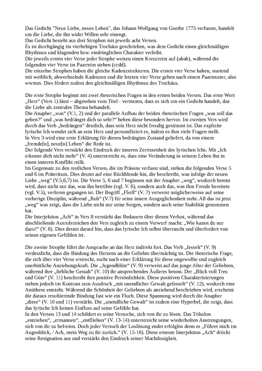 Gedichtsanalyse “Neue Liebe, neues Leben” Goethe