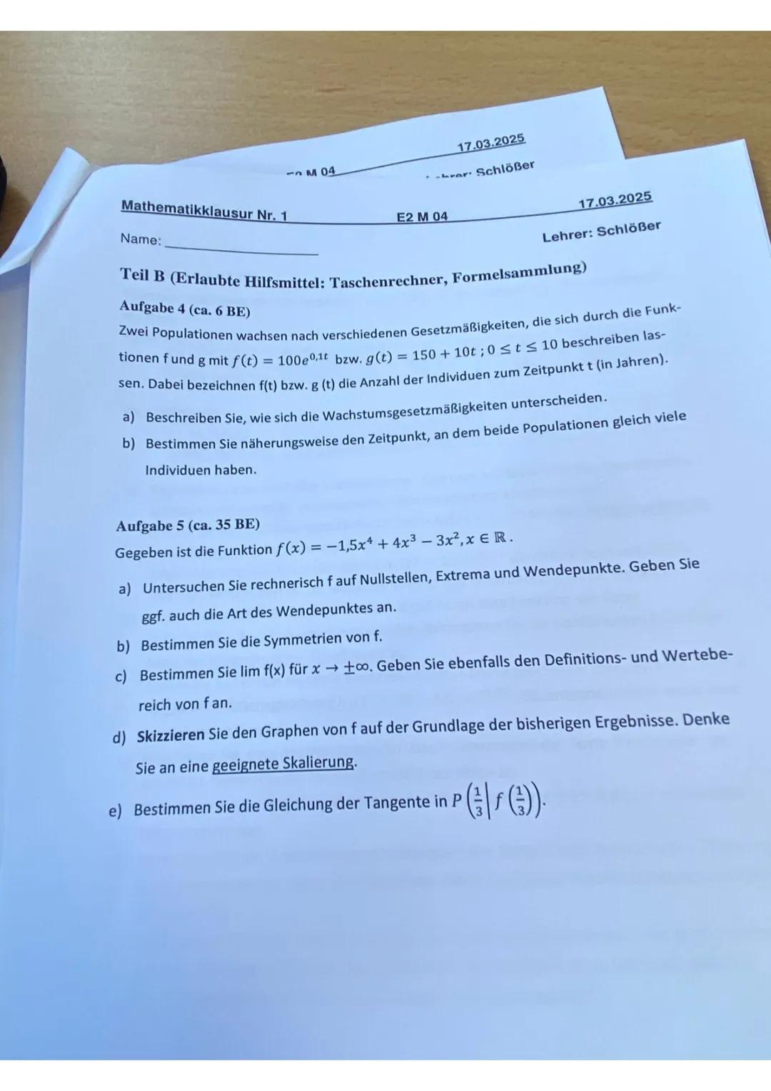 Alle Aufgaben sollen in nachvollziehborer Weise gelöst werden (d.h. vollständiger Lösungsweg (auch
Nebenrechnungen), schlüssige Begründungen
