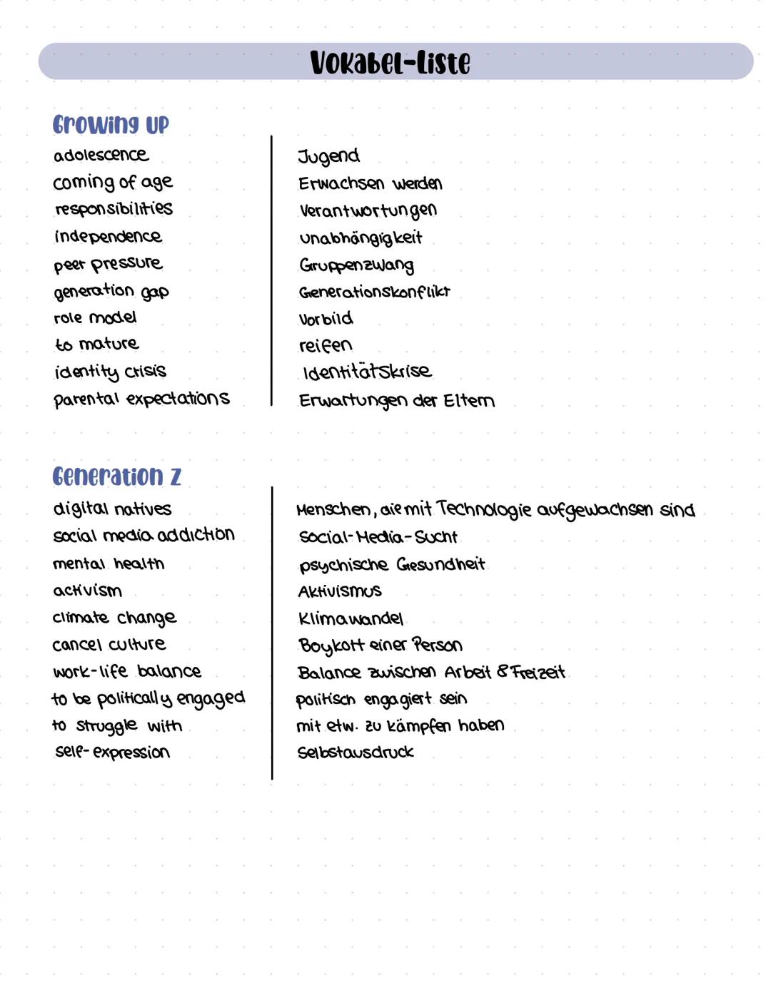 --- OCR Start ---
Vokabel-Liste
Growing Up
adolescence
coming of age
responsibilities
independence
peer pressure
generation gap
role model
t