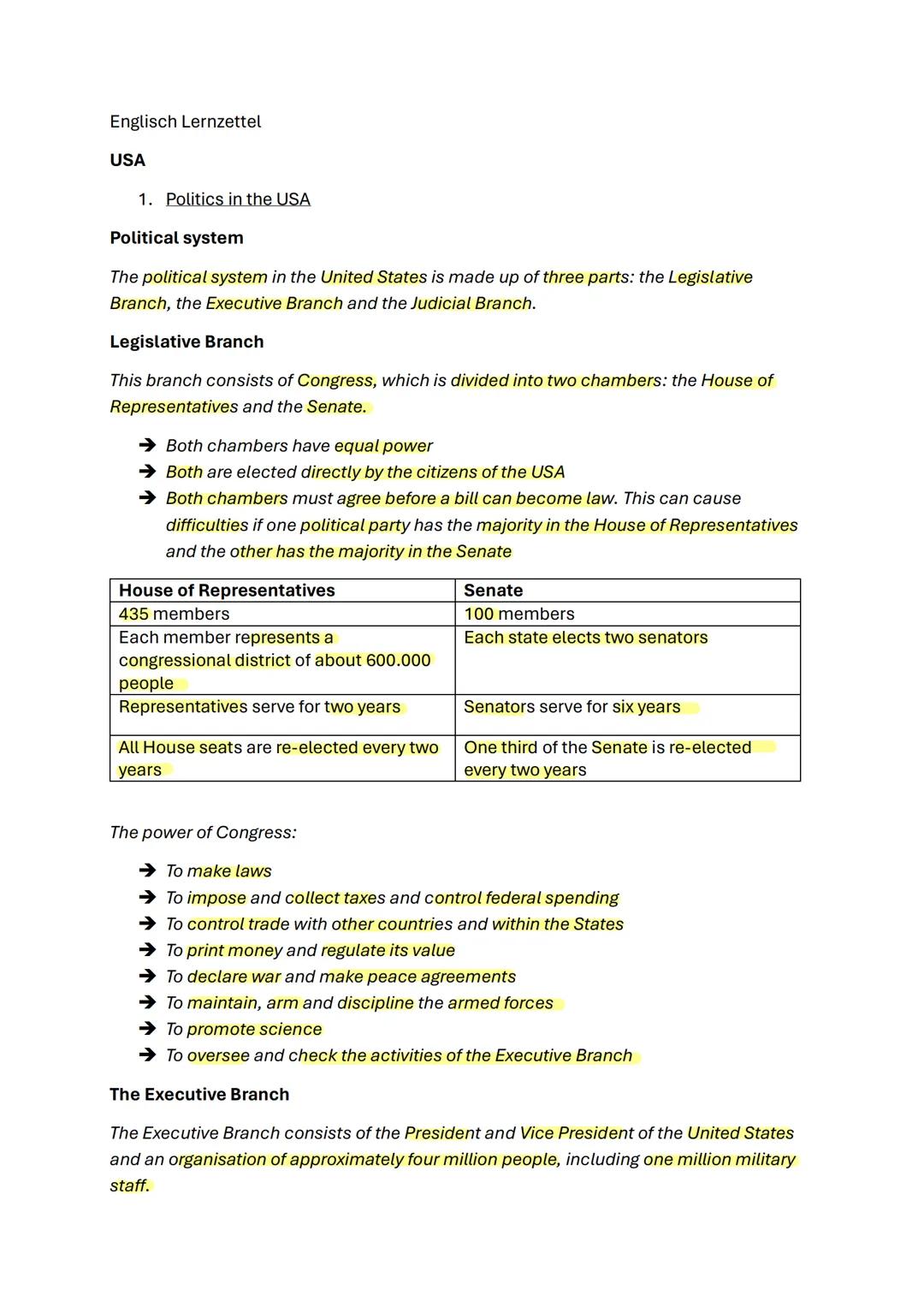 Englisch Lernzettel
USA
1. Politics in the USA
Political system
The political system in the United States is made up of three parts: the Leg