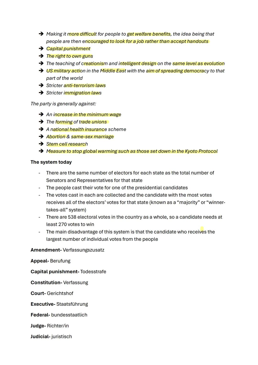 Englisch Lernzettel
USA
1. Politics in the USA
Political system
The political system in the United States is made up of three parts: the Leg