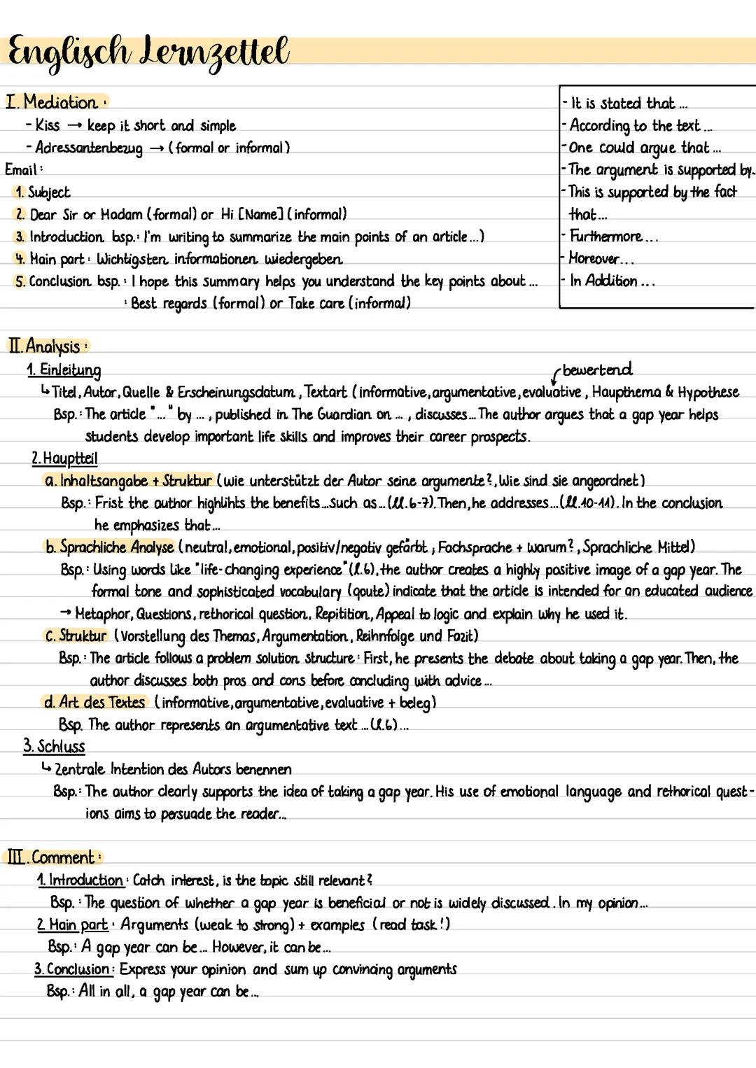 Englisch 11 klasse Klausur Lernzettel
