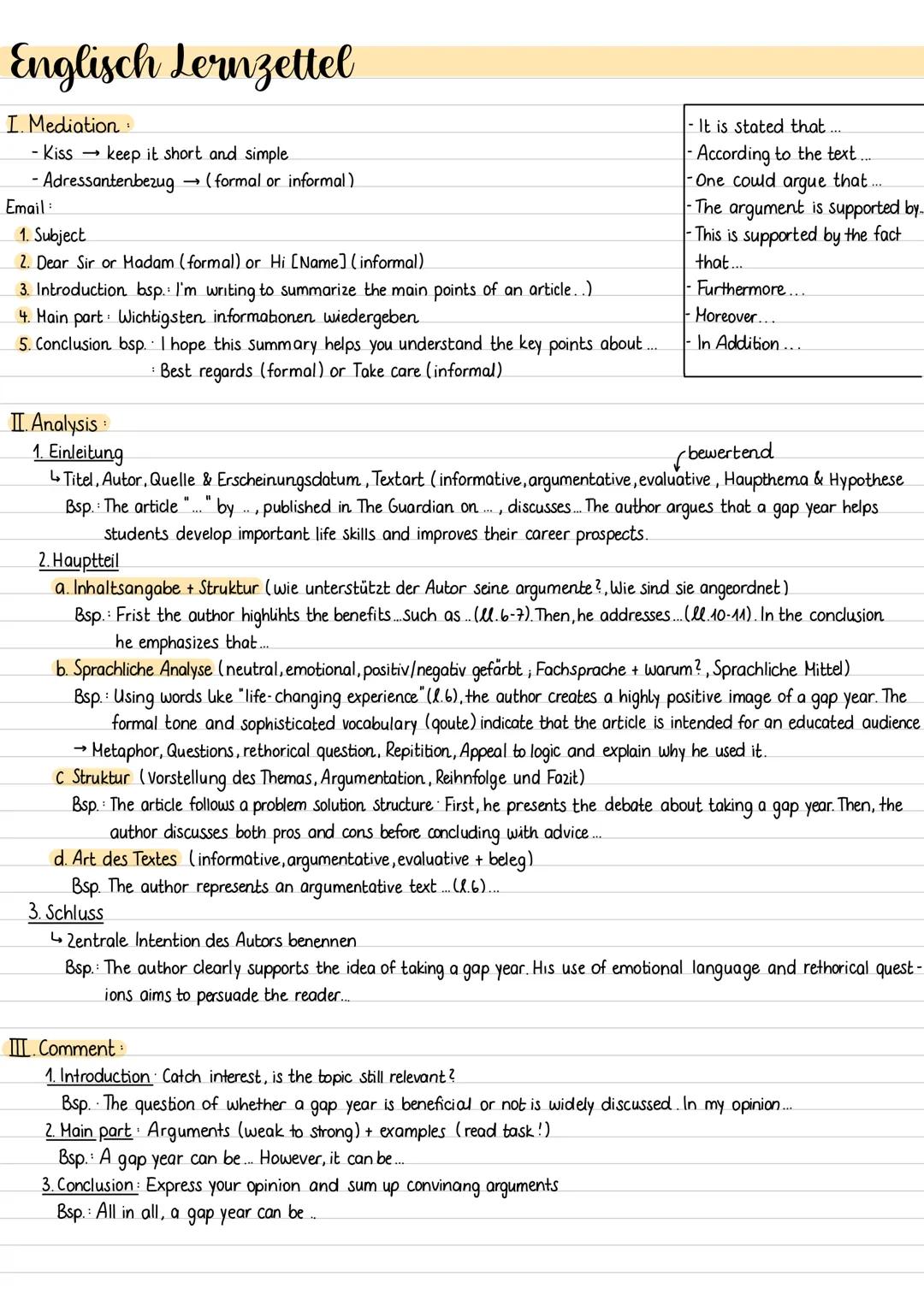--- OCR Start ---
Englisch Lernzettel
I. Mediation
-It is stated that
- Kiss keep it short and simple
-According to the text....
- Adressant