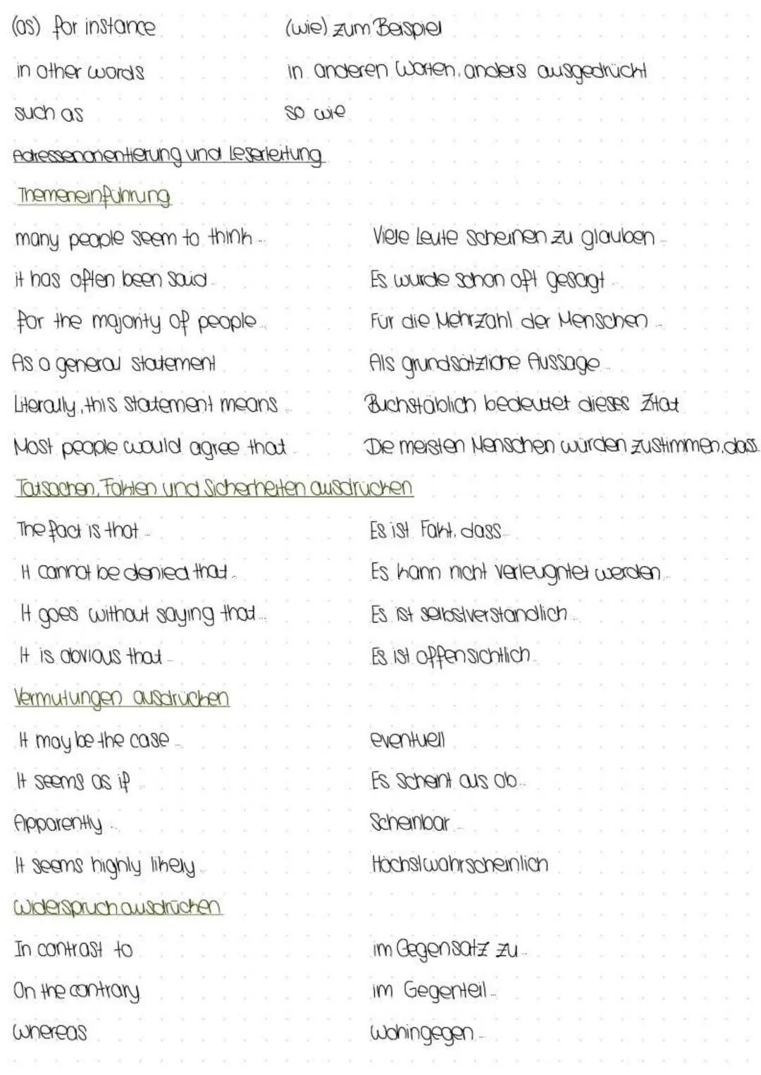 --- OCR Start ---
Textstrukturierende Elemente
Aufzählen van Ideen, Fakten und Grunden
firstly, secondly, thirdly.
first and foremost
moreov
