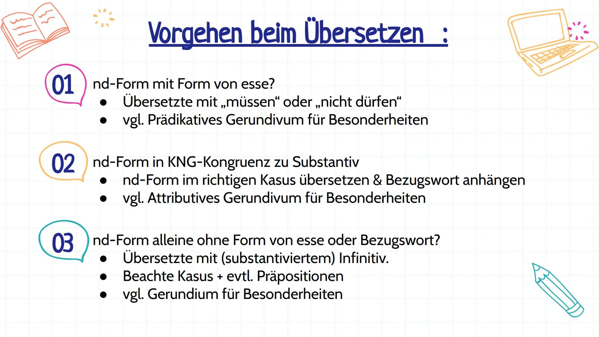nd-Formen
14.11.2024 Übersicht:
01
Gerundium
02
Gerundivum
03
Prädikatives
Gerundivum
04
Attributives
Gerundivum
05
Vorgehen beim
Über