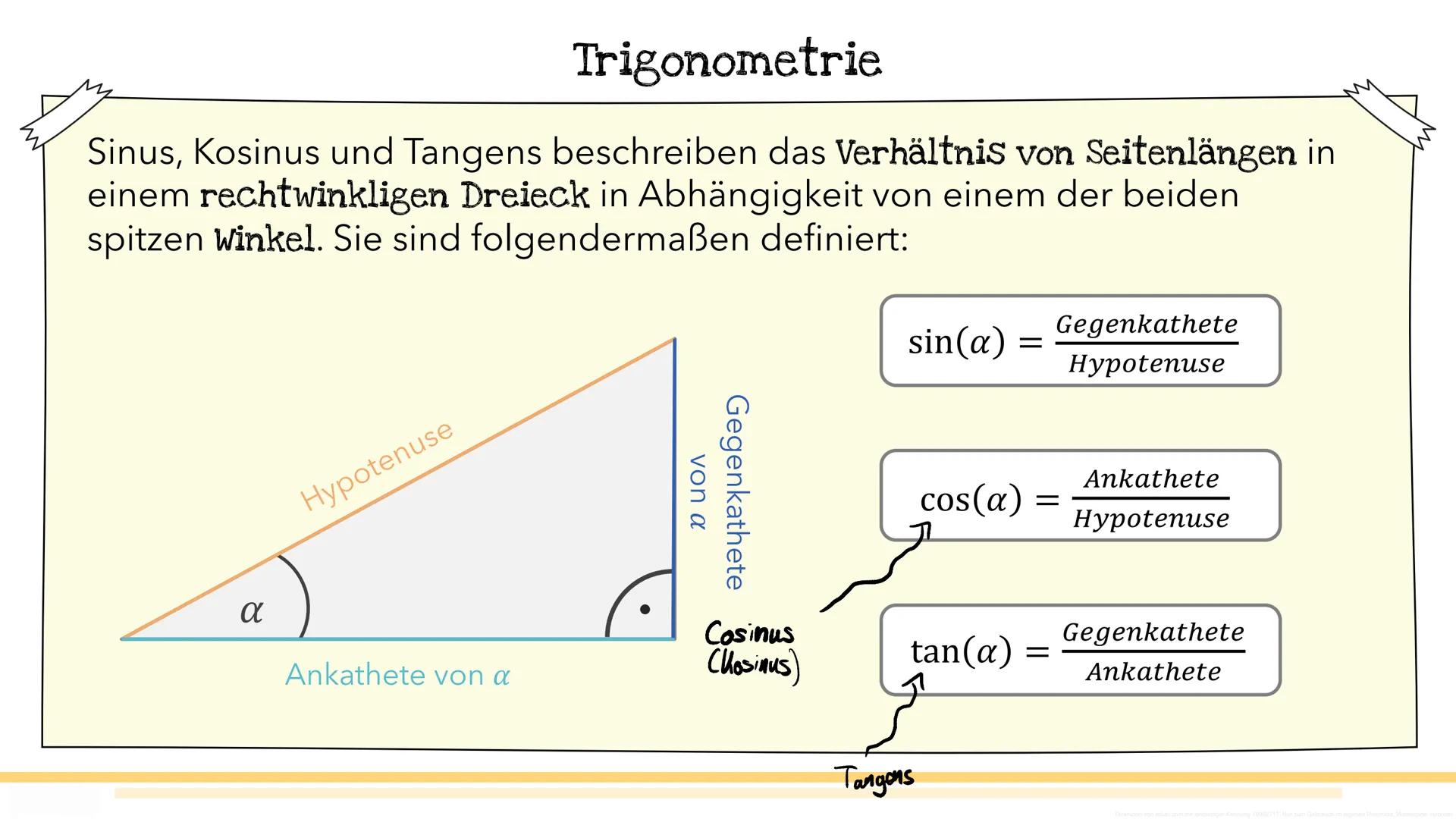 # Trigonometrie # Bezeichnungen im rechtwinkligen Dreieck
- Hypotenuse
- Die längste Seite des Dreiecks
- Liegt dem rechten Winkel gege