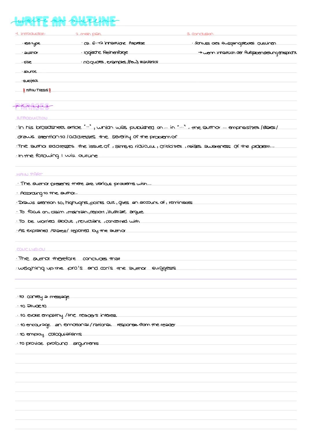 --- OCR Start ---
WRITE AN OUTLINE
1. introduction:
- text type
- author
- title
- source
- subject
MAIN THESIS
phrases
INTRODUCTION
In his