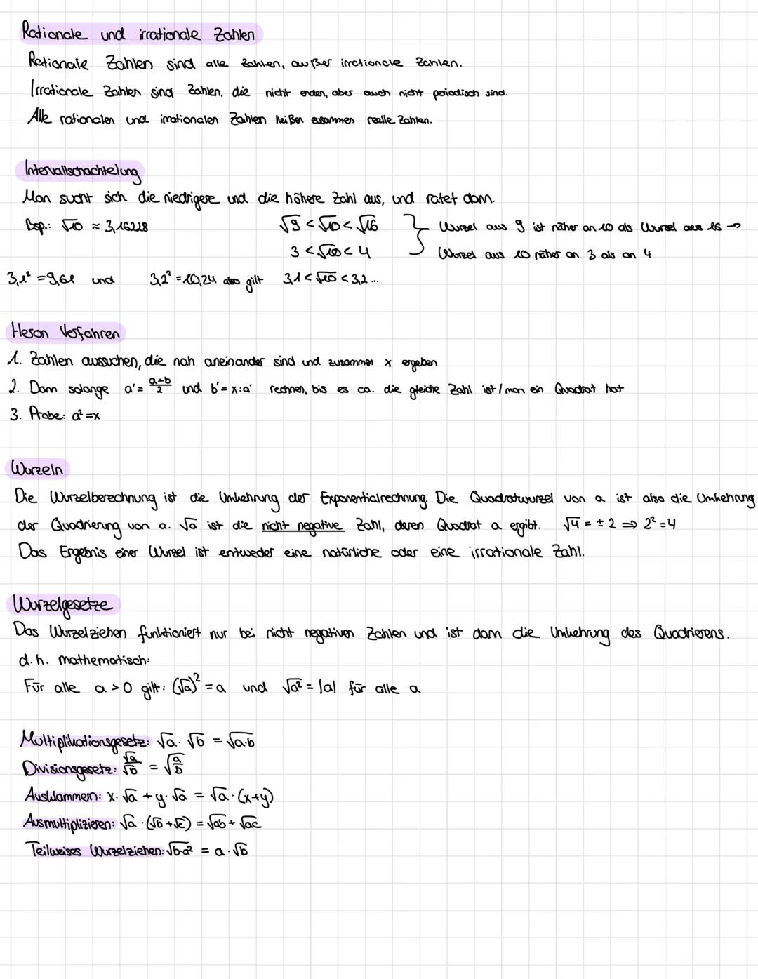 Lernzettel Mathe Wurzeln und Pythagoras