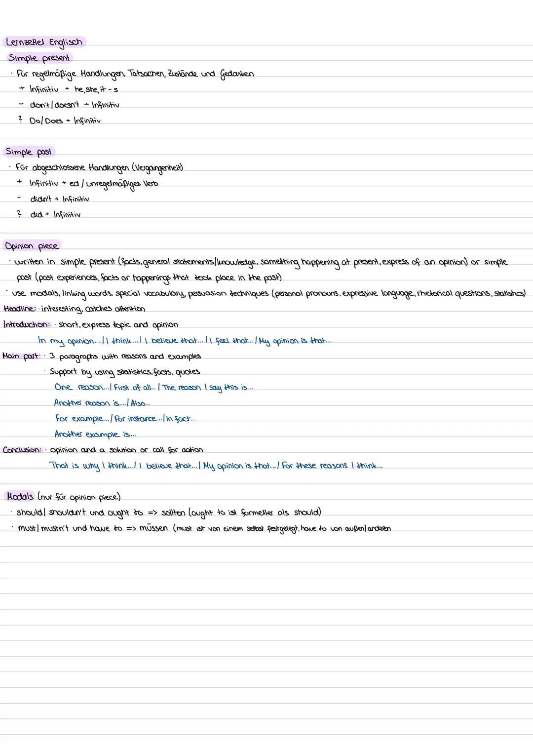 --- OCR Start ---
Lernzettel Englisch
Simple present
Für regelmäßige Handlungen, Tatsachen, Zustände und Gedanken.
- Infinitiv
- he, she, it