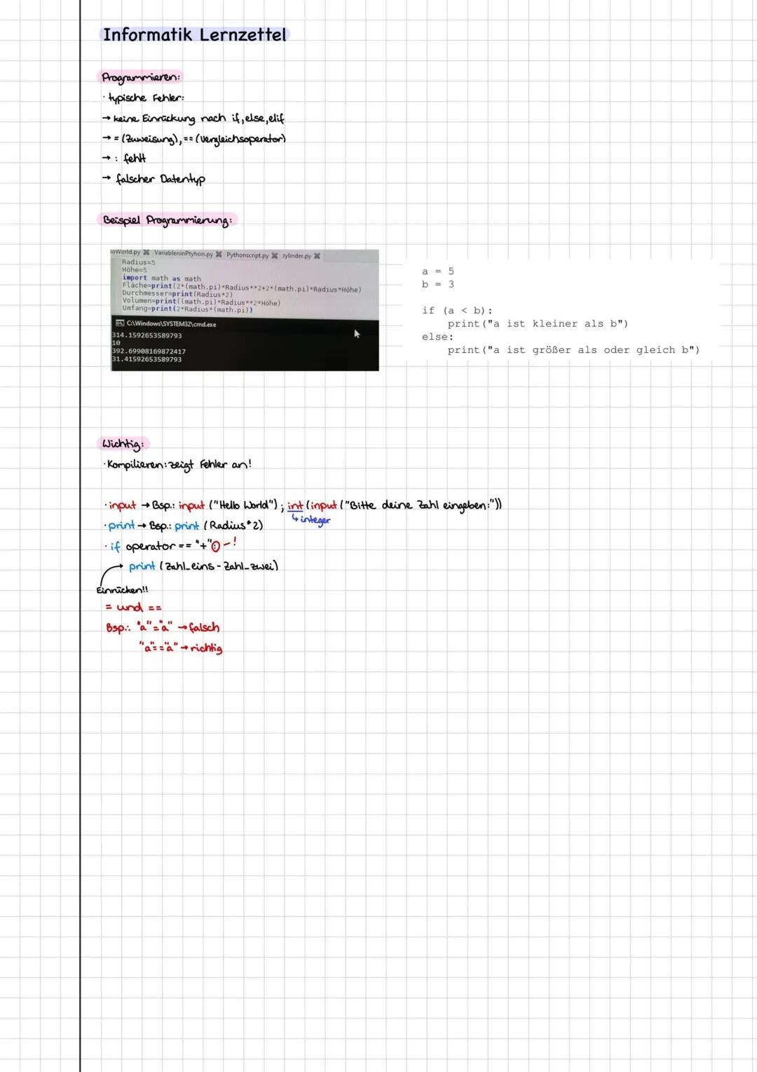# Informatik Lernzettel
Python:
* Skriptsprache, die Quelltexte zur Laufzeit intepretiert
* mathematische Operatoren + Textaufgaben üb