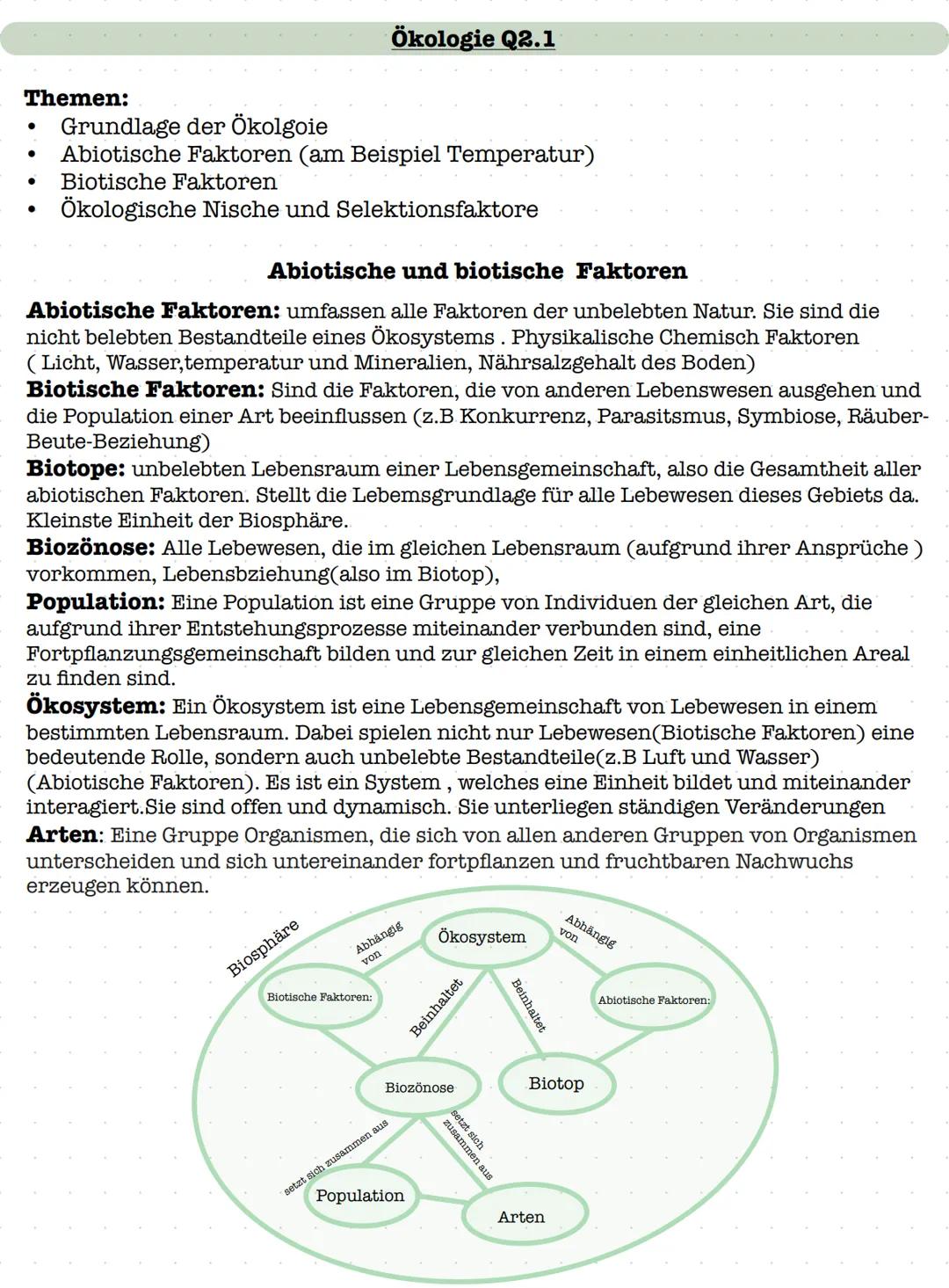 # Ökologie Q2.1
## Themen:
- Grundlage der Ökolgoie
- Abiotische Faktoren (am Beispiel Temperatur)
- Biotische Faktoren
- Ökologische Nisch
