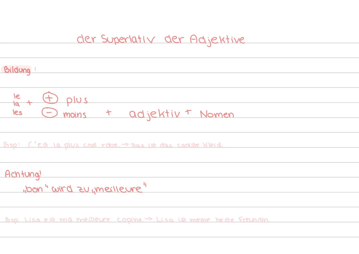 der Komparativ der Adjektive
Bildung:
| | plus | + adjektiv + que ... |
|---|-------|-----------------------|
| | moins |
| | aussi