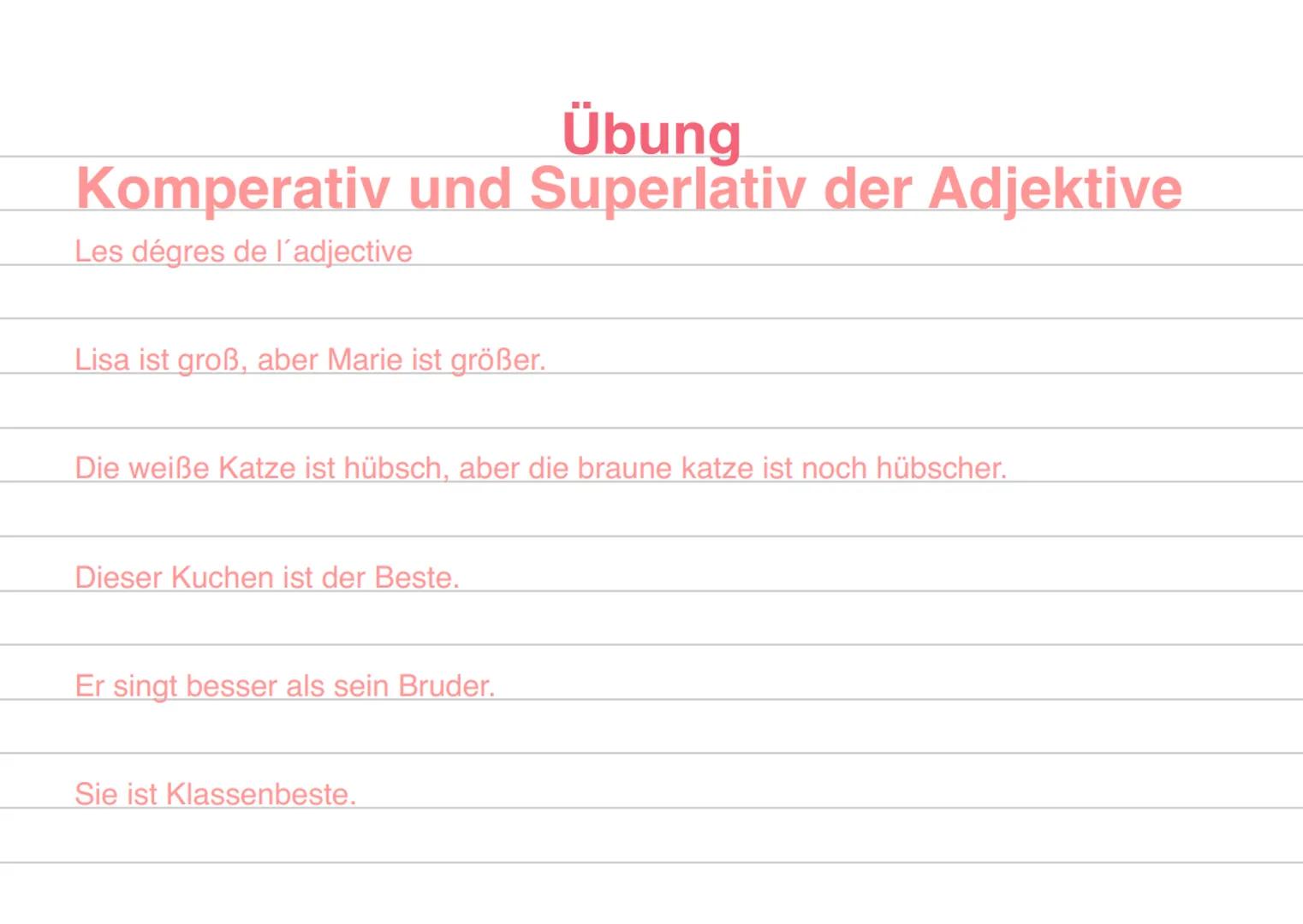 der Komparativ der Adjektive
Bildung:
| | plus | + adjektiv + que ... |
|---|-------|-----------------------|
| | moins |
| | aussi