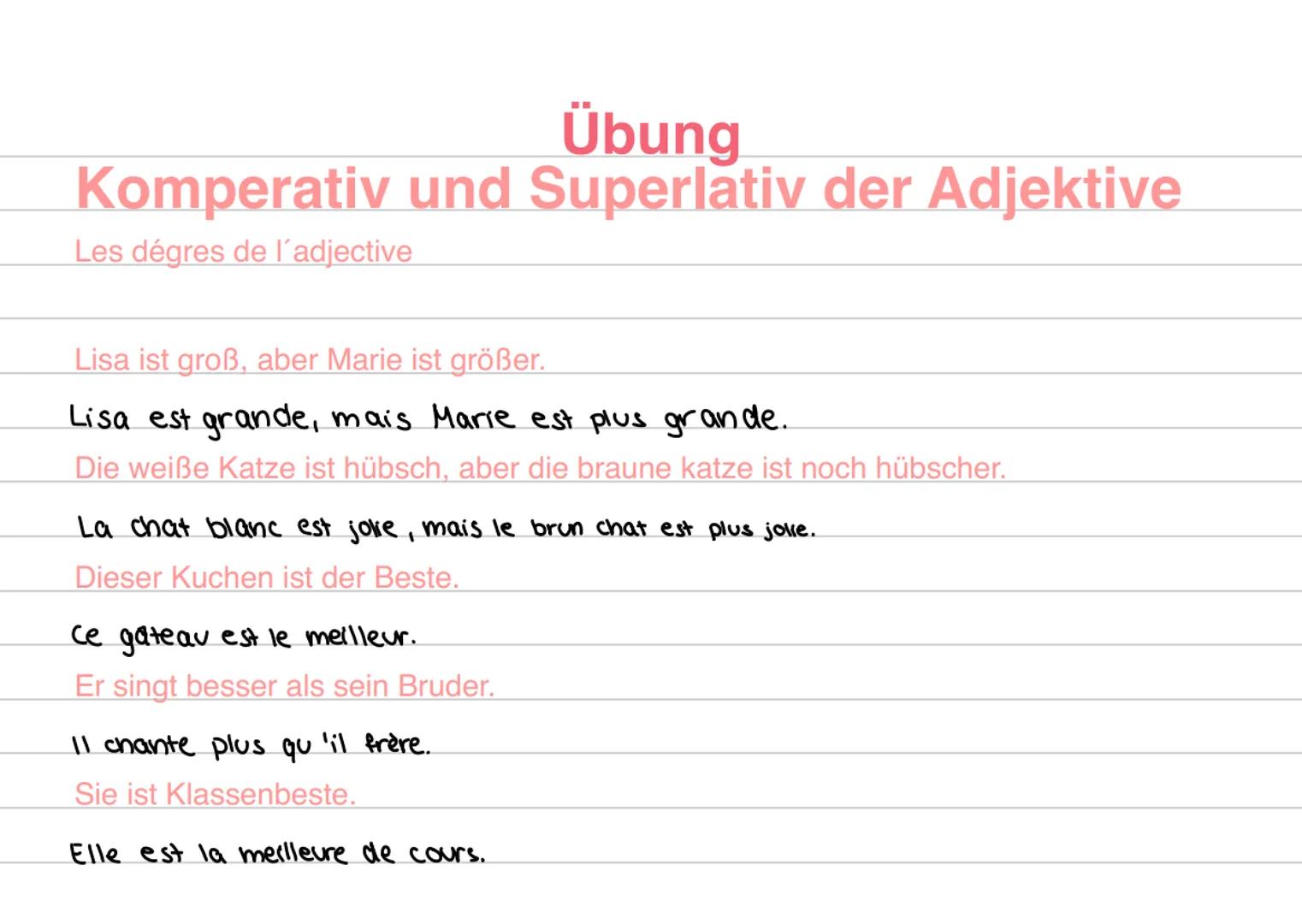 der Komparativ der Adjektive
Bildung:
| | plus | + adjektiv + que ... |
|---|-------|-----------------------|
| | moins |
| | aussi