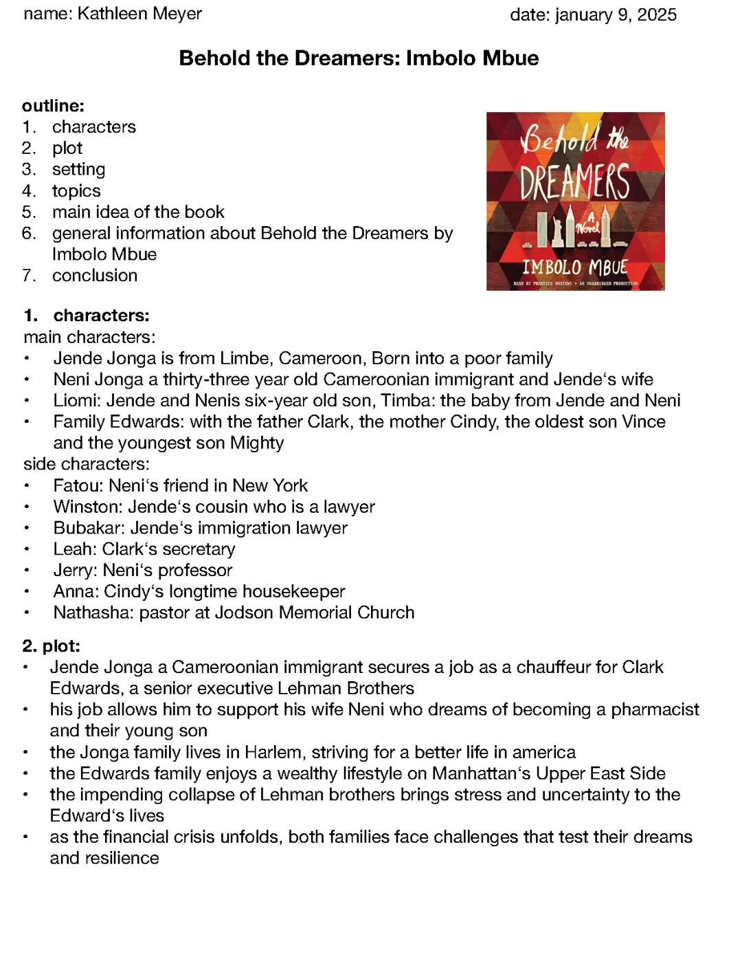 Handout über das Buch Behold the dreamers