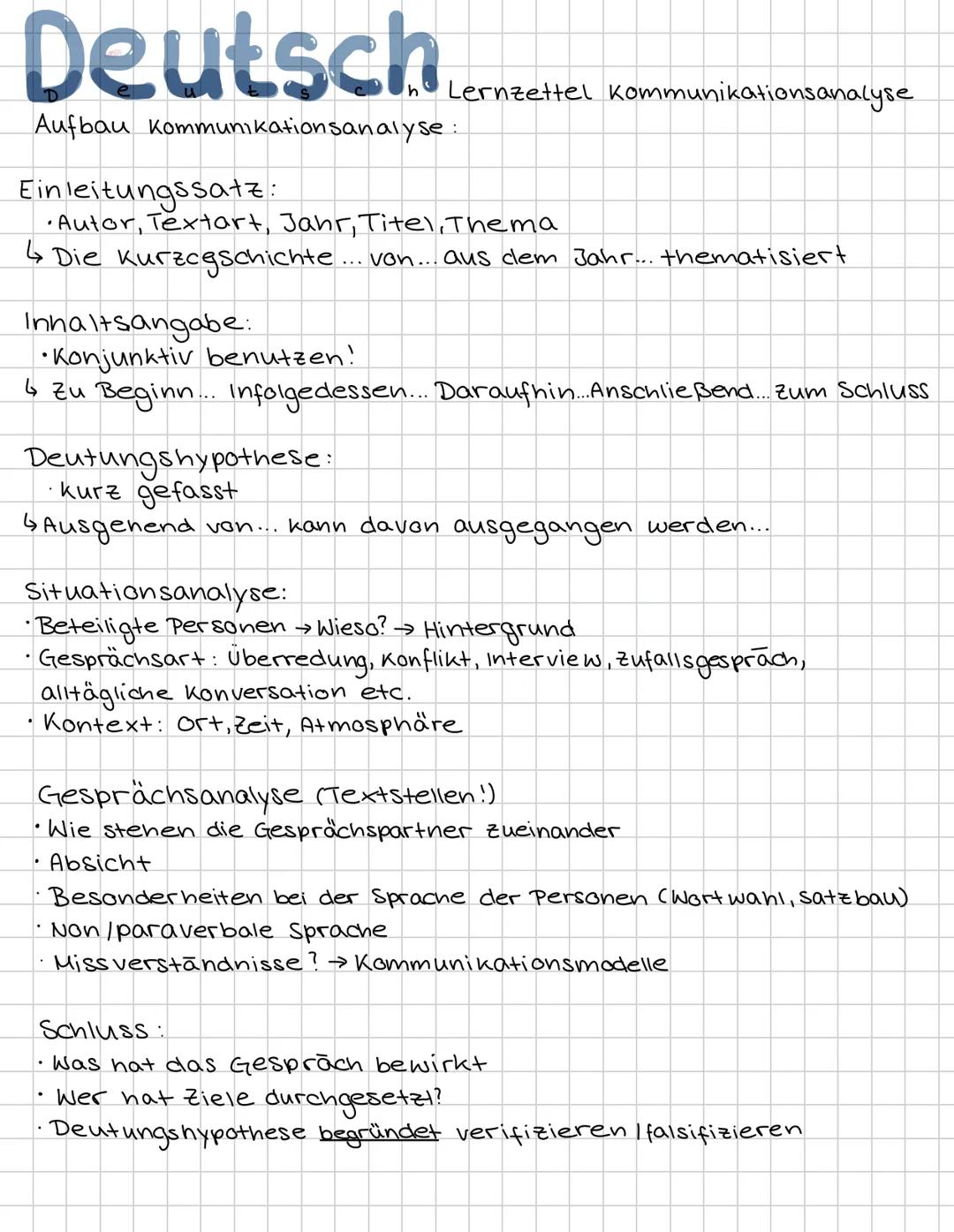 Deutsch
Lernzettel kommunikationsanalyse.
Kommunikationsmodelle:
(1)Shannon-Weaver - Modell:
Sender
Empfänger
Signal
↑
Sendegerät
KANA