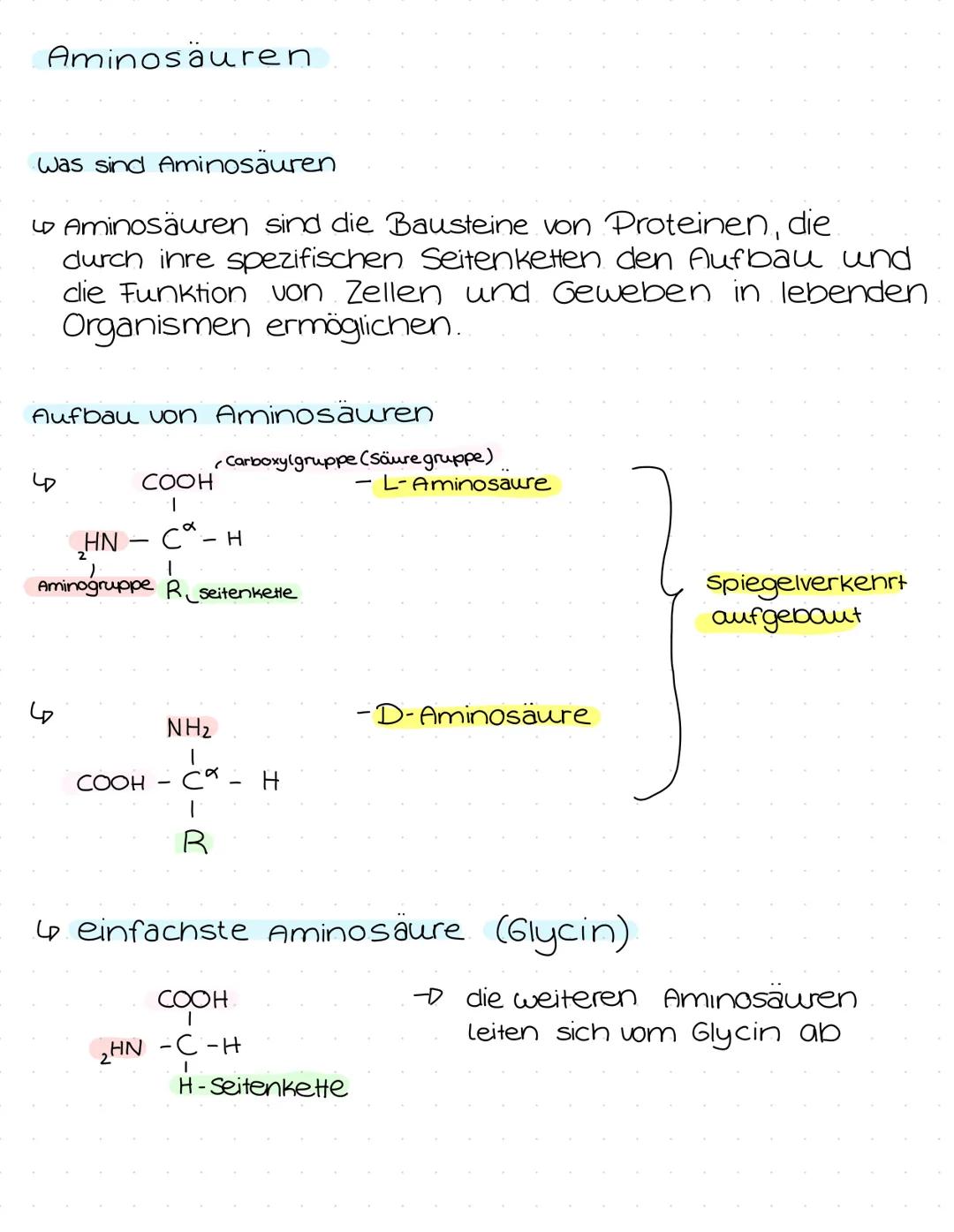 Chemie
Lernzettel # Aminosäuren
Was sind Aminosauren
Aminosäuren sind die Bausteine von Proteinen, die
durch ihre spezifischen Seitenkette