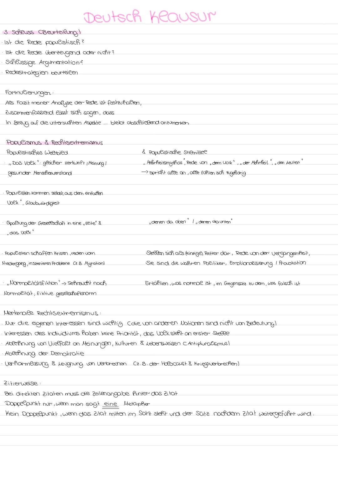## Deutsch Klausur
### 1. Einleitung & Strukturierte Inhaltsangabe
**Einleitung:**
Tatte Satz → Redner, Ort & Zeit, Anlass, Zielgruppe, Th