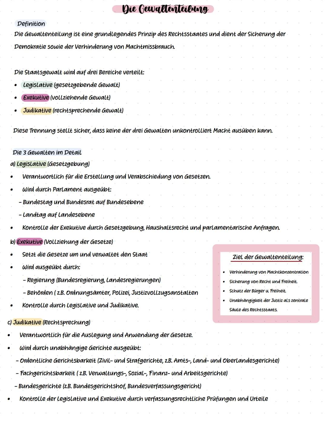 # Die Gewaltenteilung
## Definition
Die Gewaltenteilung ist eine grundlegendes Prinzip des Rechtsstaates und dient der Sicherung der Demokr