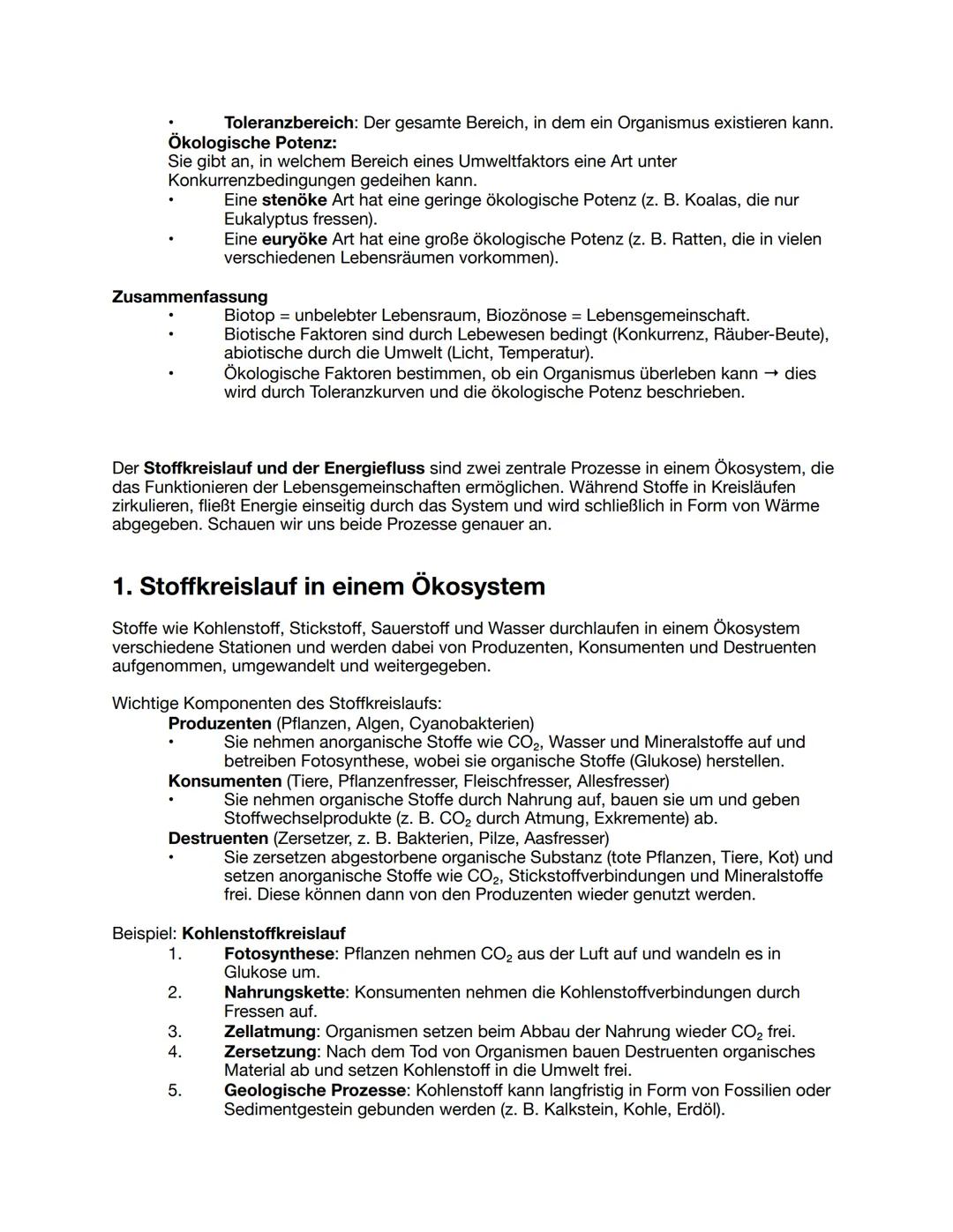 --- OCR Start ---
Ökologie
1. Biotop und Biozönose
Ein Ökosystem besteht aus zwei Hauptkomponenten:
- Biotop (Lebensraum): Dies bezeichnet d