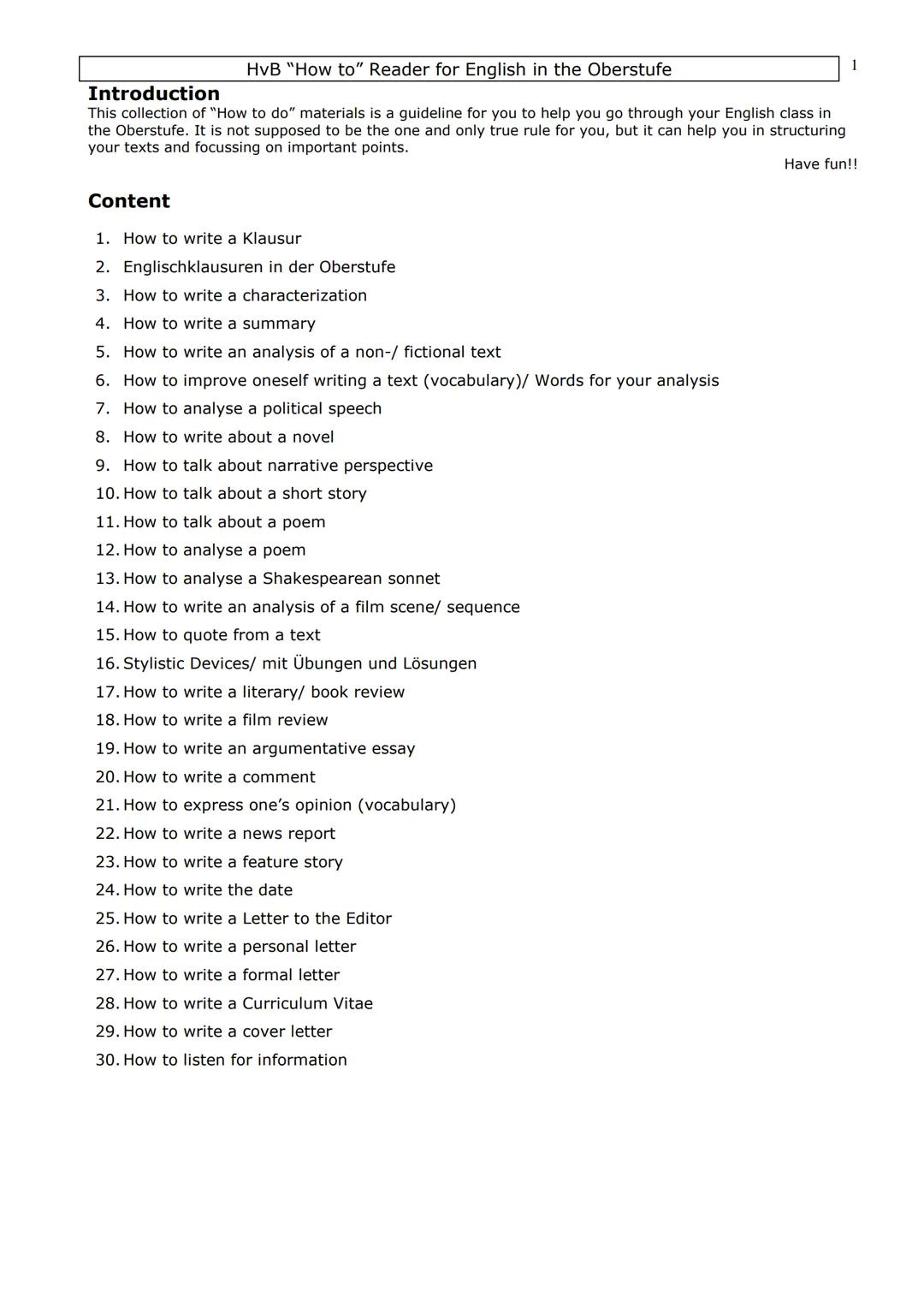 # HvB "How to" Reader for English in the Oberstufe
1
# Introduction
This collection of "How to do" materials is a guideline for you to hel