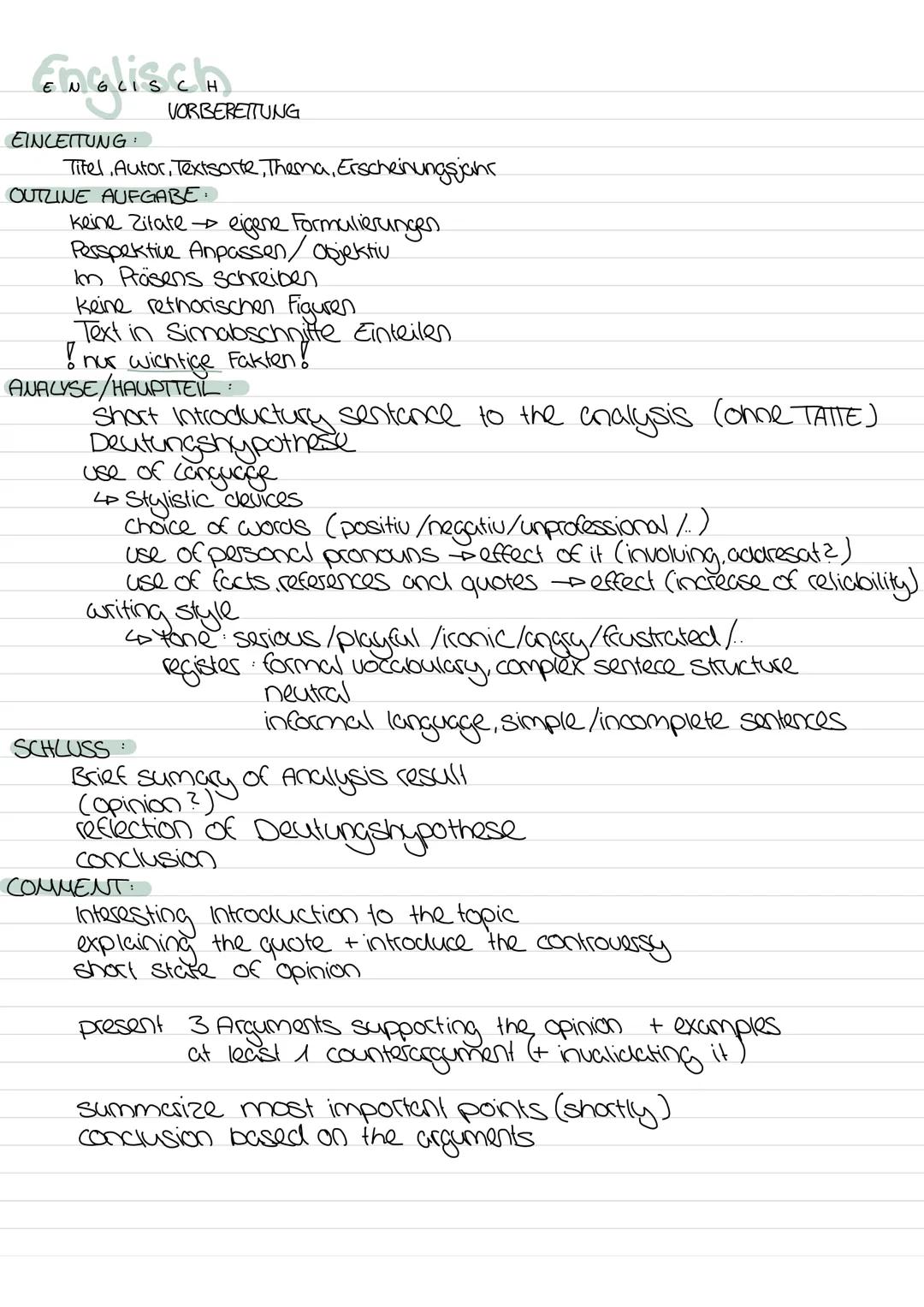 --- OCR Start ---
English
EINLEITUNG: VORBEREITUNG
Titel, Autor, Textsorte, Thema, Erscheinungsjahr
OUTLINE AUFGABE:
keine Zitate → eigene F