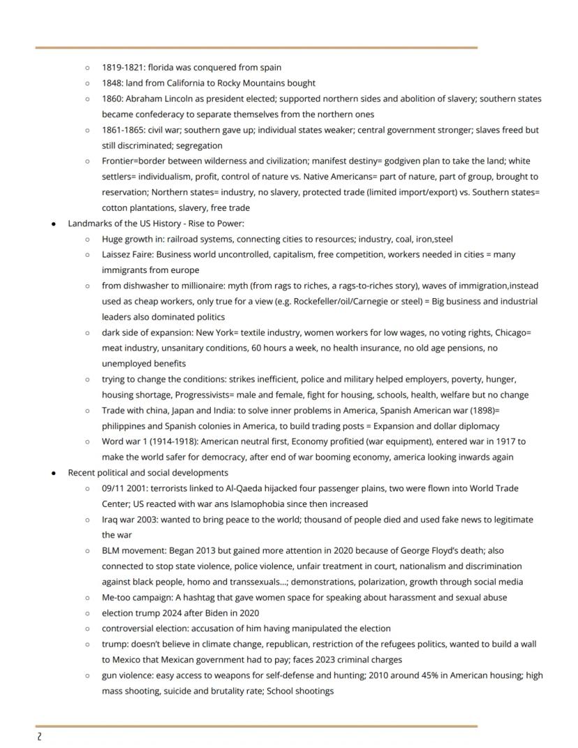 - 1819-1821: florida was conquered from spain
- 1848: land from California to Rocky Mountains bought
- 1860: Abraham Lincoln as president