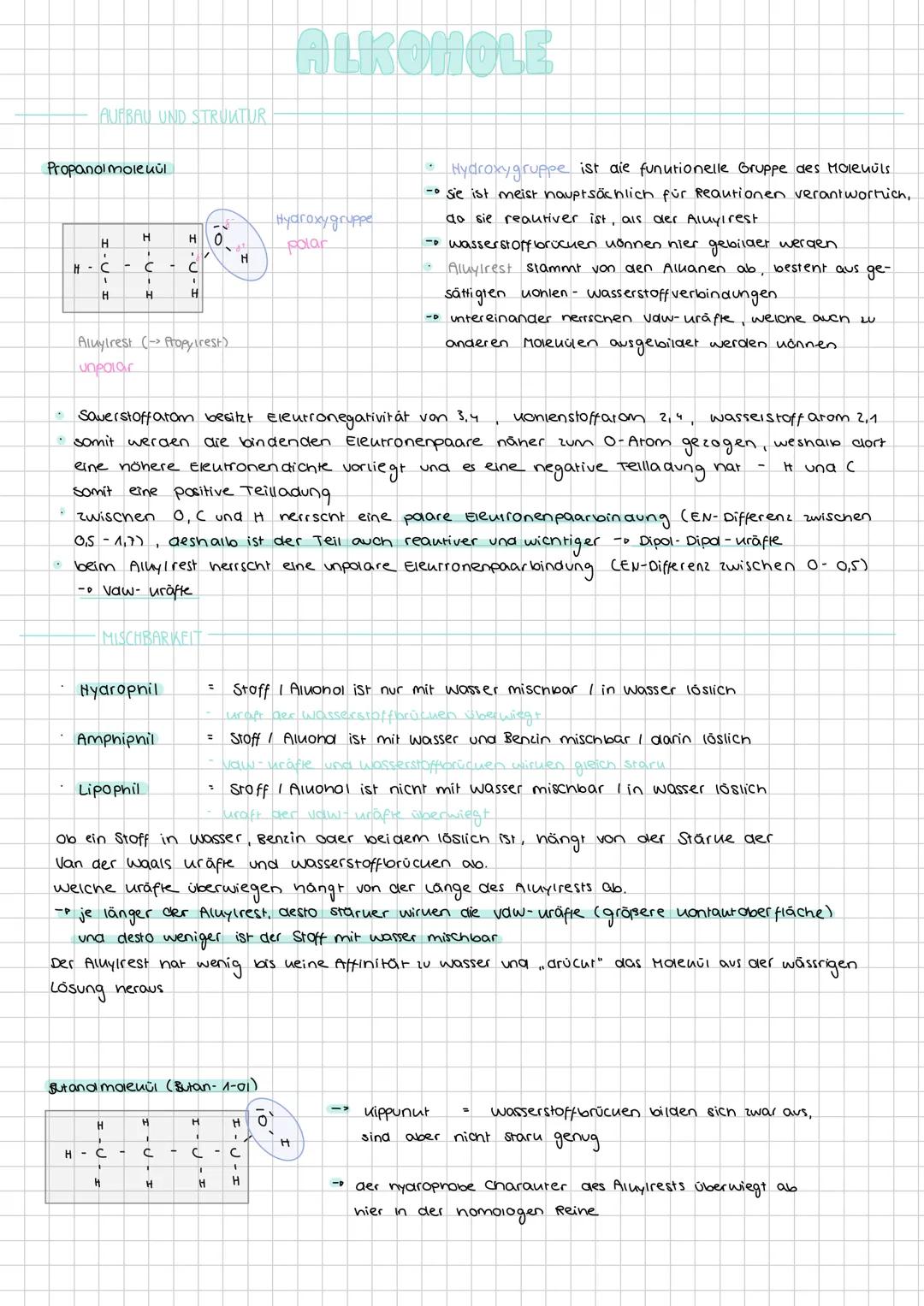 # ALKOHOLE
## AUFBAU UND STRUKTUR
**Propanolmolekül**
```
H H H
| | |
H-C-C-C-O-H
| | |
H H H
```
**Hydroxygruppe** (–OH