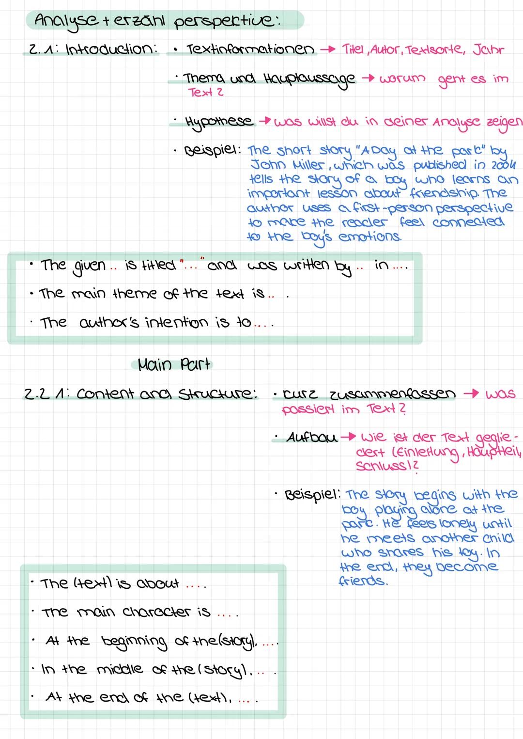 # 1 Klausur
Theme: · Summary
      · Analyse → allgemein + erzählperspektive
Summary:
1. Take notes: who, what, when, where, why, How
2.1