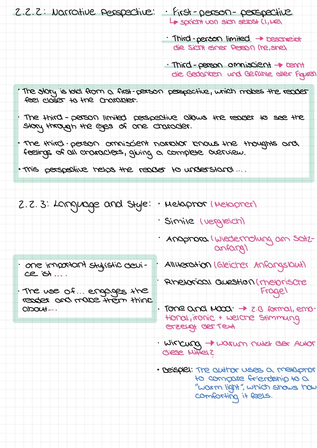 # 1 Klausur
Theme: · Summary
      · Analyse → allgemein + erzählperspektive
Summary:
1. Take notes: who, what, when, where, why, How
2.1