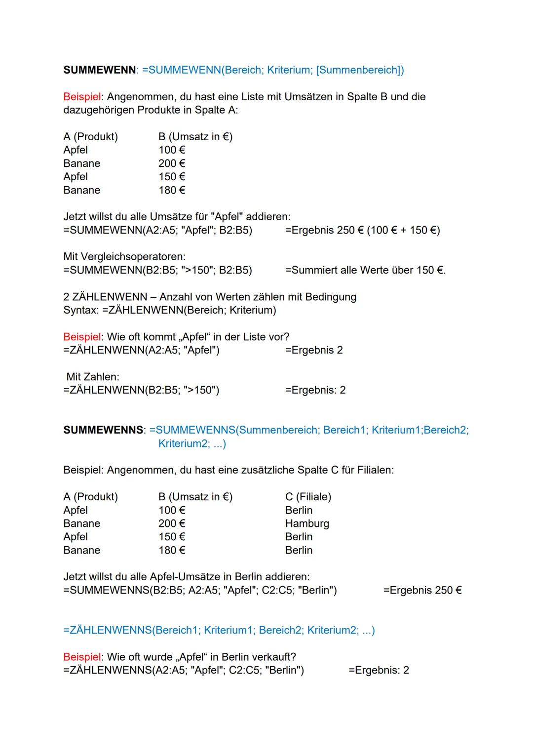 Excel Formelsammlung
1 Grundlegende mathematische Formeln
Addition: =A1+B1 (Addiert Werte aus A1 und B1)
Subtraktion: =A1-B1 (Subtrahiert B1