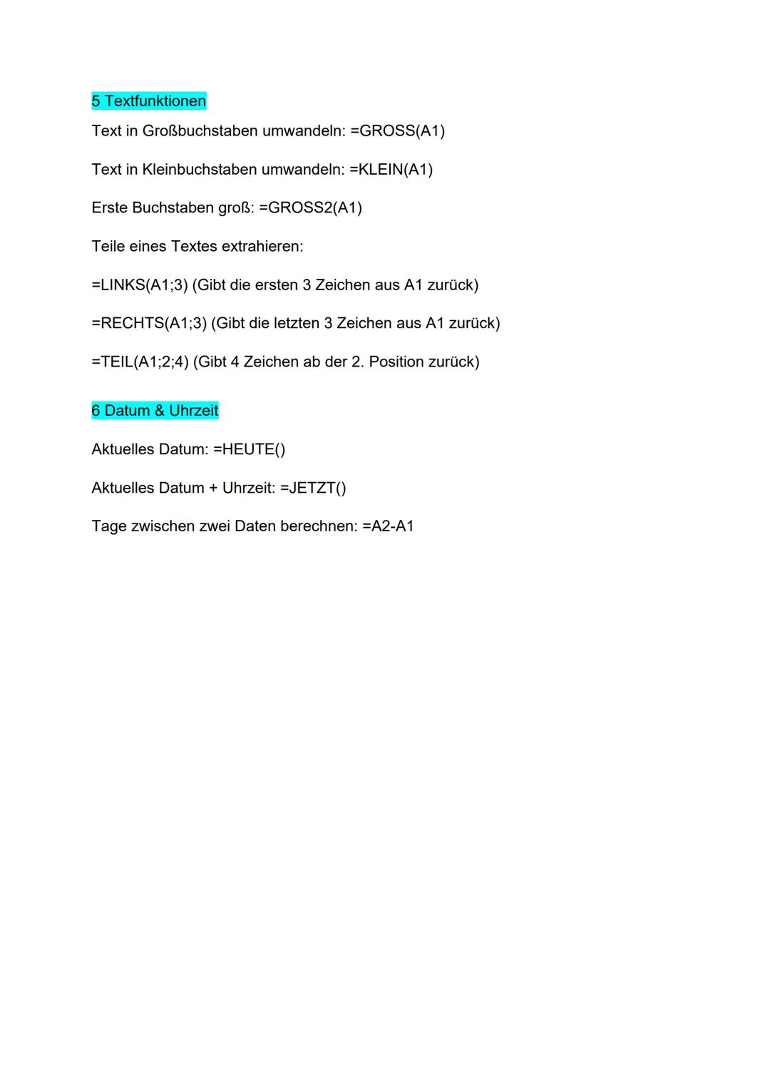 Excel Formelsammlung
1 Grundlegende mathematische Formeln
Addition: =A1+B1 (Addiert Werte aus A1 und B1)
Subtraktion: =A1-B1 (Subtrahiert B1