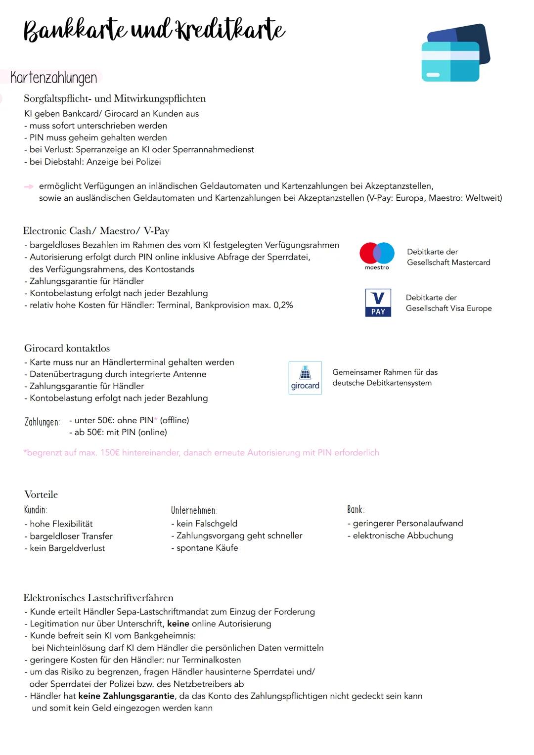 # Bankkarte und Kreditkarte
## Kartenzahlungen
### Sorgfaltspflicht- und Mitwirkungspflichten
- KI geben Bankcard/ Girocard an Kunden aus