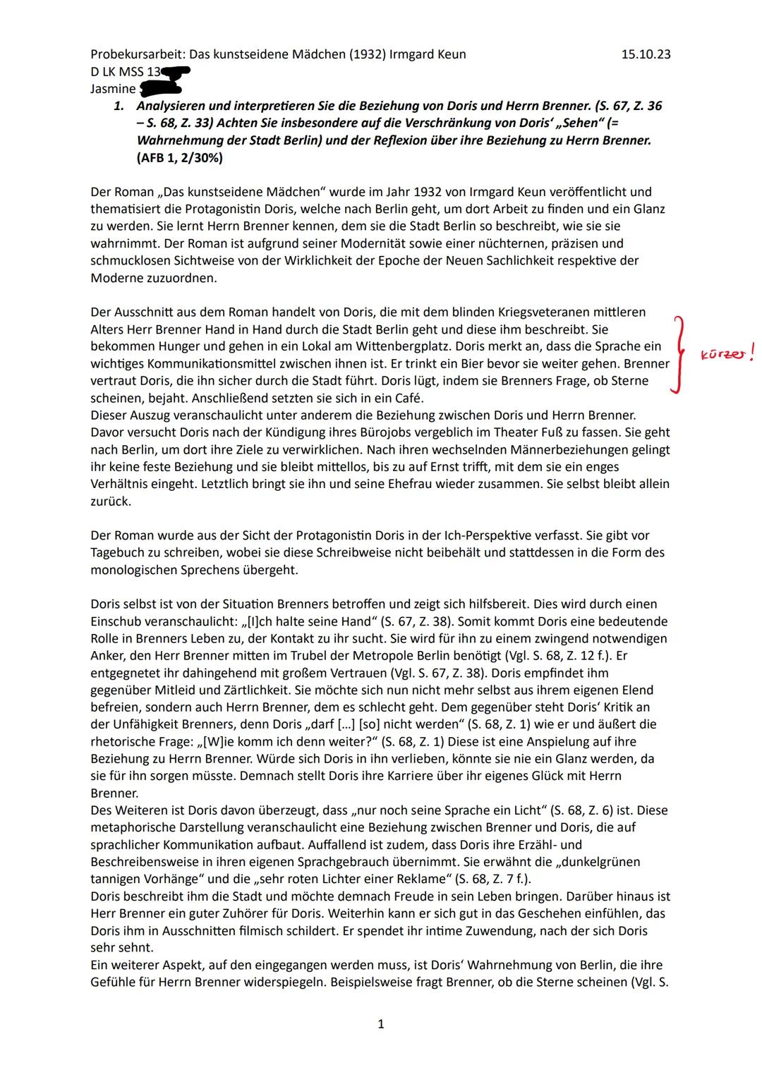 Probekursarbeit: Das kunstseidene Mädchen (1932) Irmgard Keun
D LK MSS 13
Jasmine
15.10.23
1. Analysieren und interpretieren Sie die Beziehu