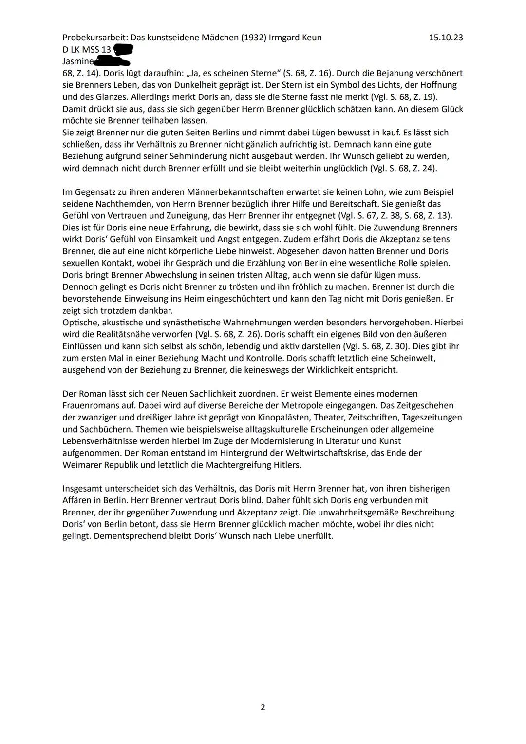 Probekursarbeit: Das kunstseidene Mädchen (1932) Irmgard Keun
D LK MSS 13
Jasmine
15.10.23
1. Analysieren und interpretieren Sie die Beziehu