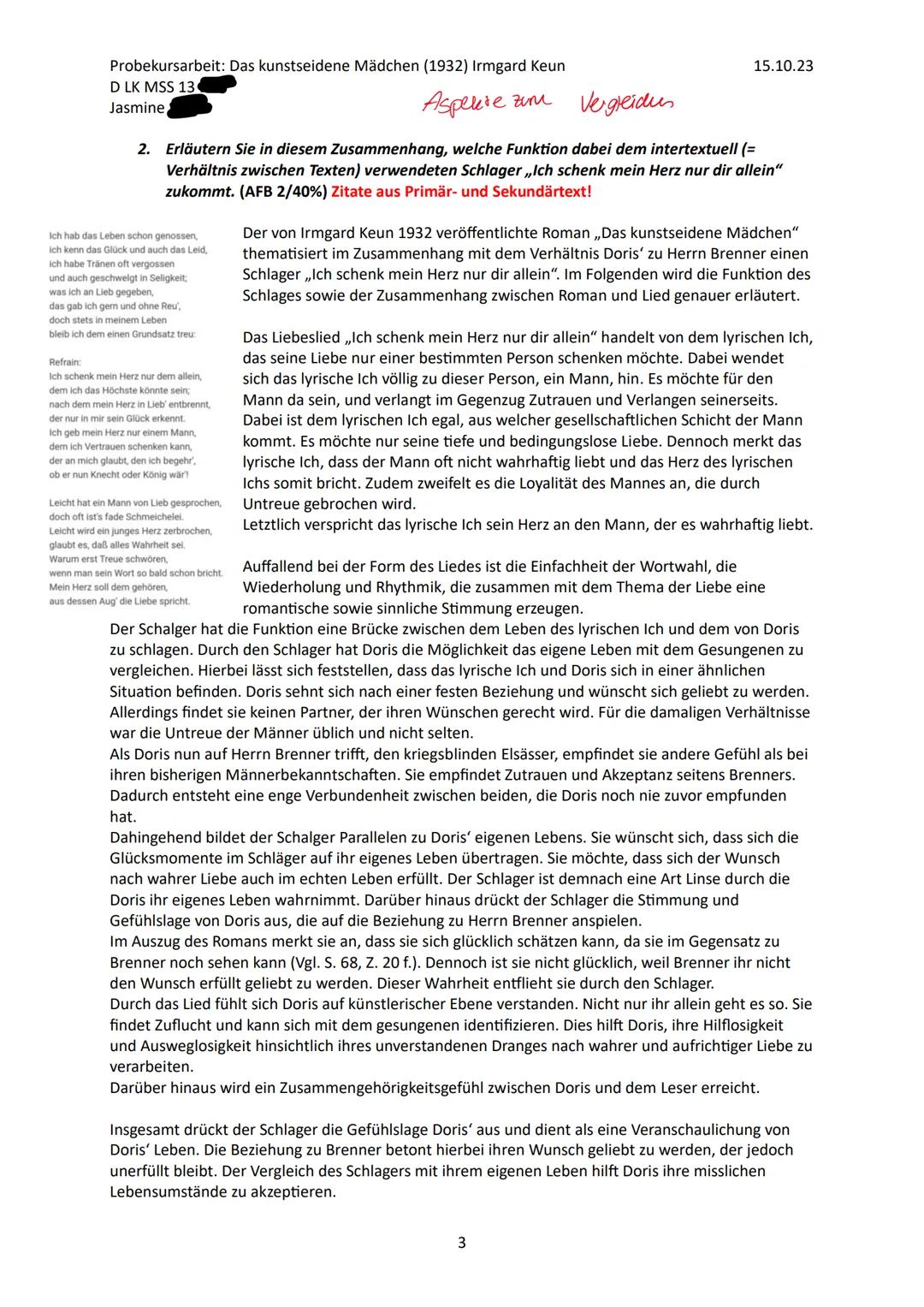 Probekursarbeit: Das kunstseidene Mädchen (1932) Irmgard Keun
D LK MSS 13
Jasmine
15.10.23
1. Analysieren und interpretieren Sie die Beziehu