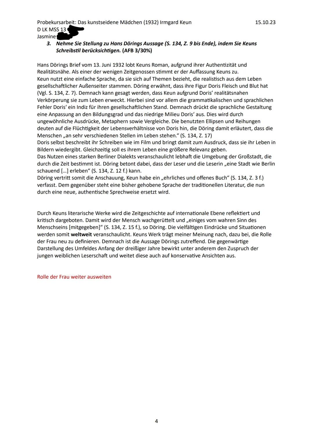 Probekursarbeit: Das kunstseidene Mädchen (1932) Irmgard Keun
D LK MSS 13
Jasmine
15.10.23
1. Analysieren und interpretieren Sie die Beziehu