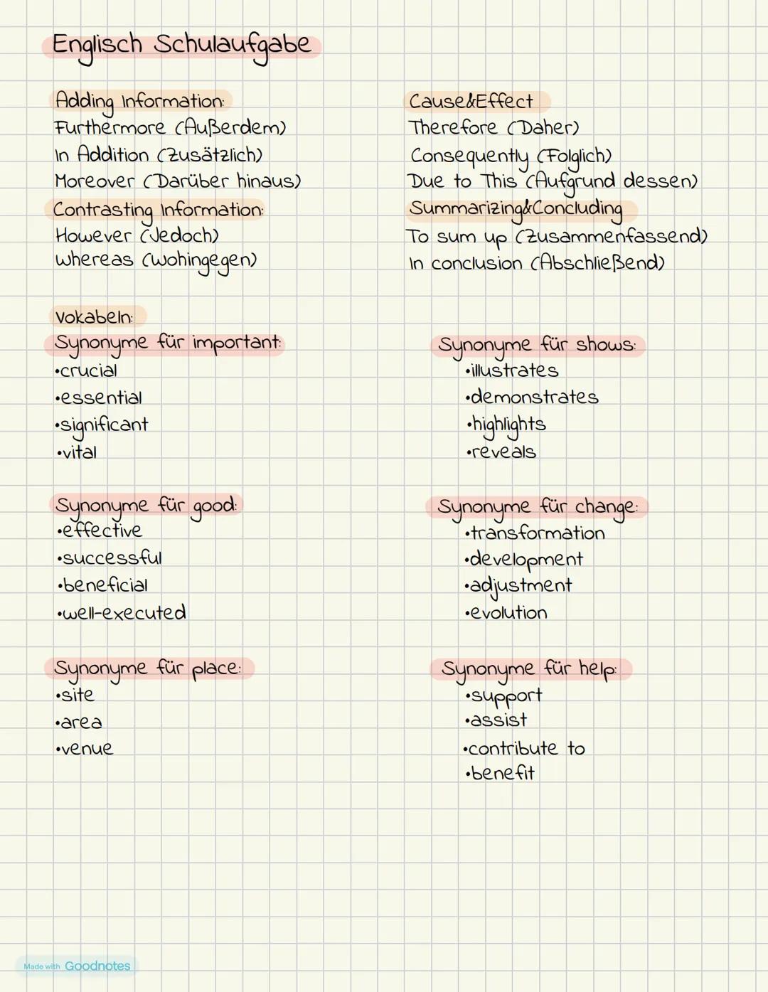 # Englisch Schulaufgabe
## Adding Information
- Furthermore (Außerdem)
- In Addition (Zusätzlich)
- Moreover (Darüber hinaus)
## Contrasti