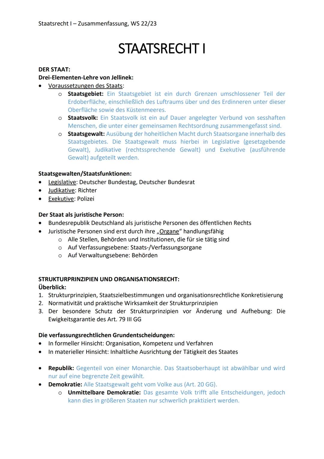 Staatsrecht I - Zusammenfassung, WS 22/23
STAATSRECHT I
DER STAAT:
Drei-Elementen-Lehre von Jellinek:
Voraussetzungen des Staats:
• Staatsge