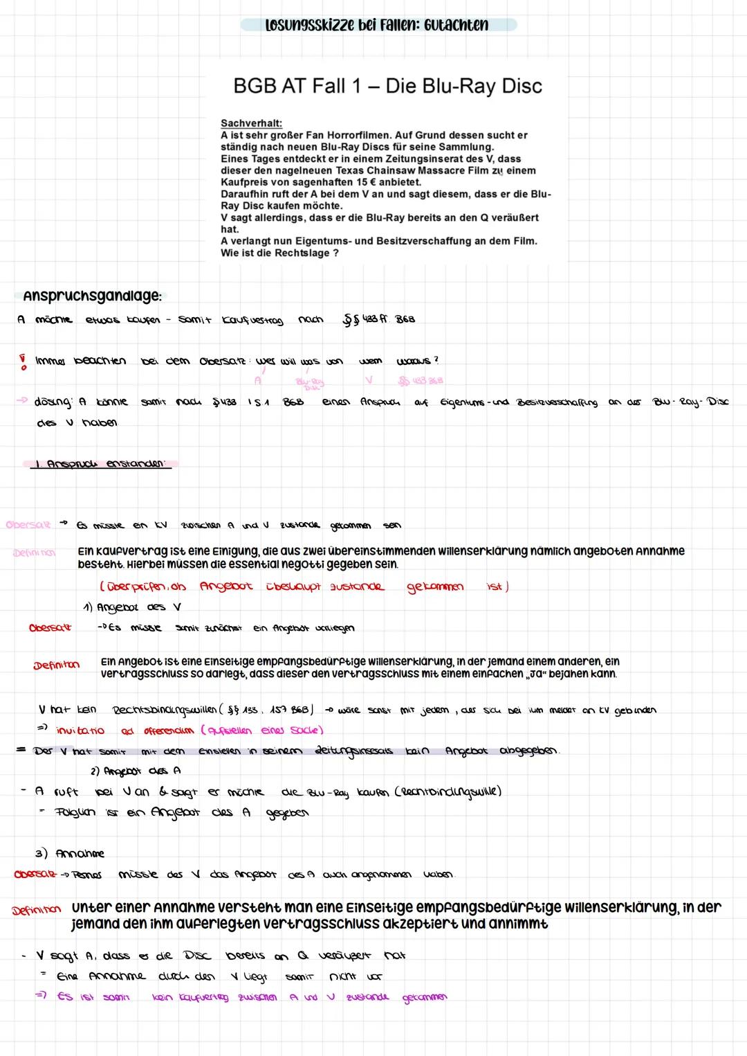 # Lösungssskizze bei Fällen: Gutachten
# BGB AT Fall 1 – Die Blu-Ray Disc
Sachverhalt:
A ist sehr großer Fan Horrorfilmen. Auf Grund desse