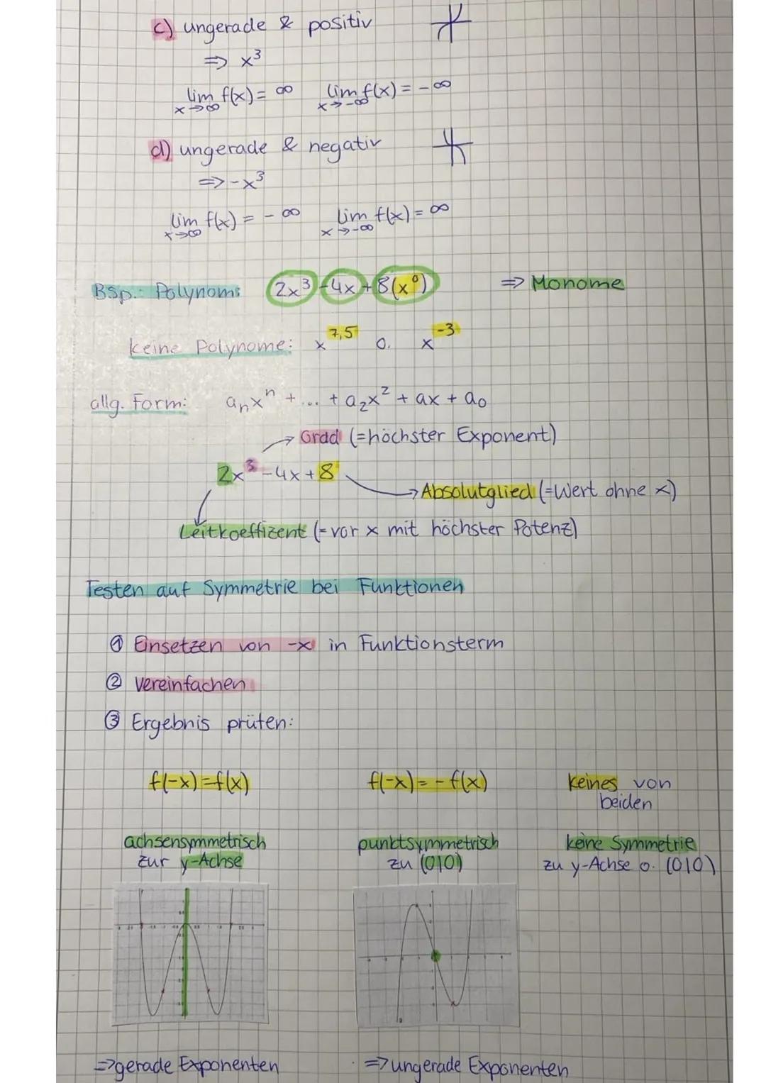 Ganzrationale funktionen/Polynom funktionen
Wiederholung: $f(x)=x^n$ → Potenzfunktion
(Parabel)
Potenzfunktionen lassen sich in zwei Klass