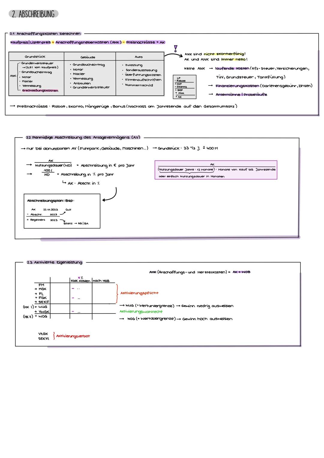 # 2. ABSCHREIBUNG
2.1 Anschaffungskosten berechnen
Kaufpreis + Grundpreis + Anschaffungnebenkosten (ANK) = Preisnachlass + AK
| Grundstück