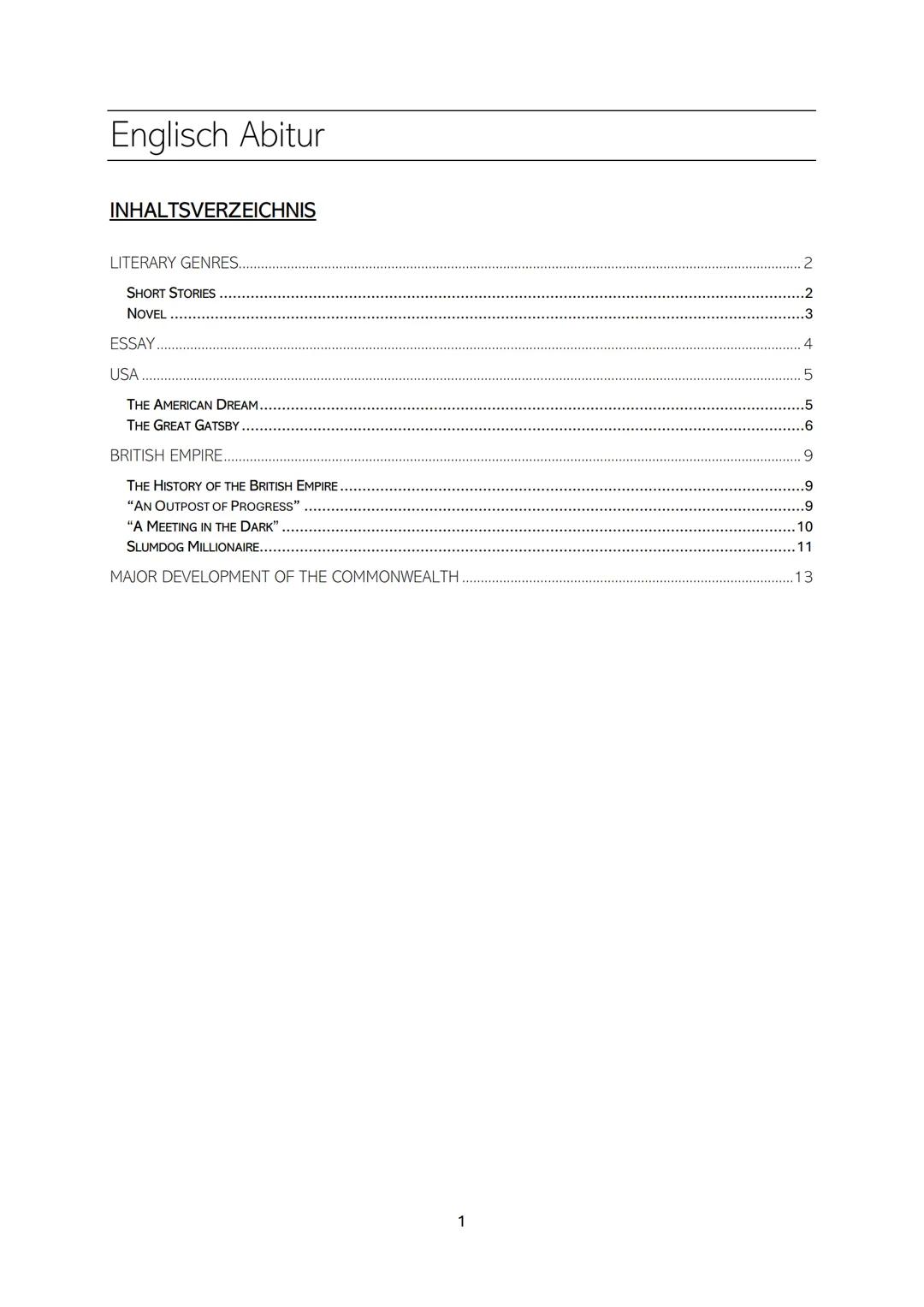 # Englisch Abitur
## INHALTSVERZEICHNIS
- LITERARY GENRES....................................................................2
- SHORT STO
