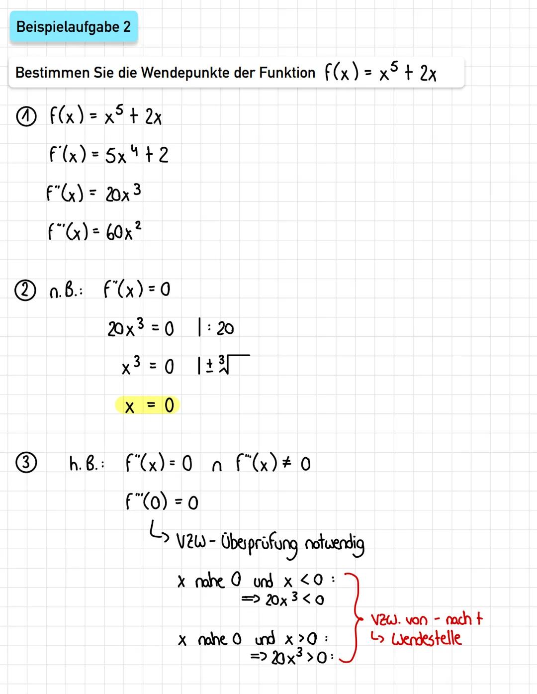 Wendepunkt
Bedeutung: Punkt einer Kurve, an dem eine Richtungsänderung
eintritt
Schritte
1. f" & f" bestimmen
2. notwendige Bedingung: