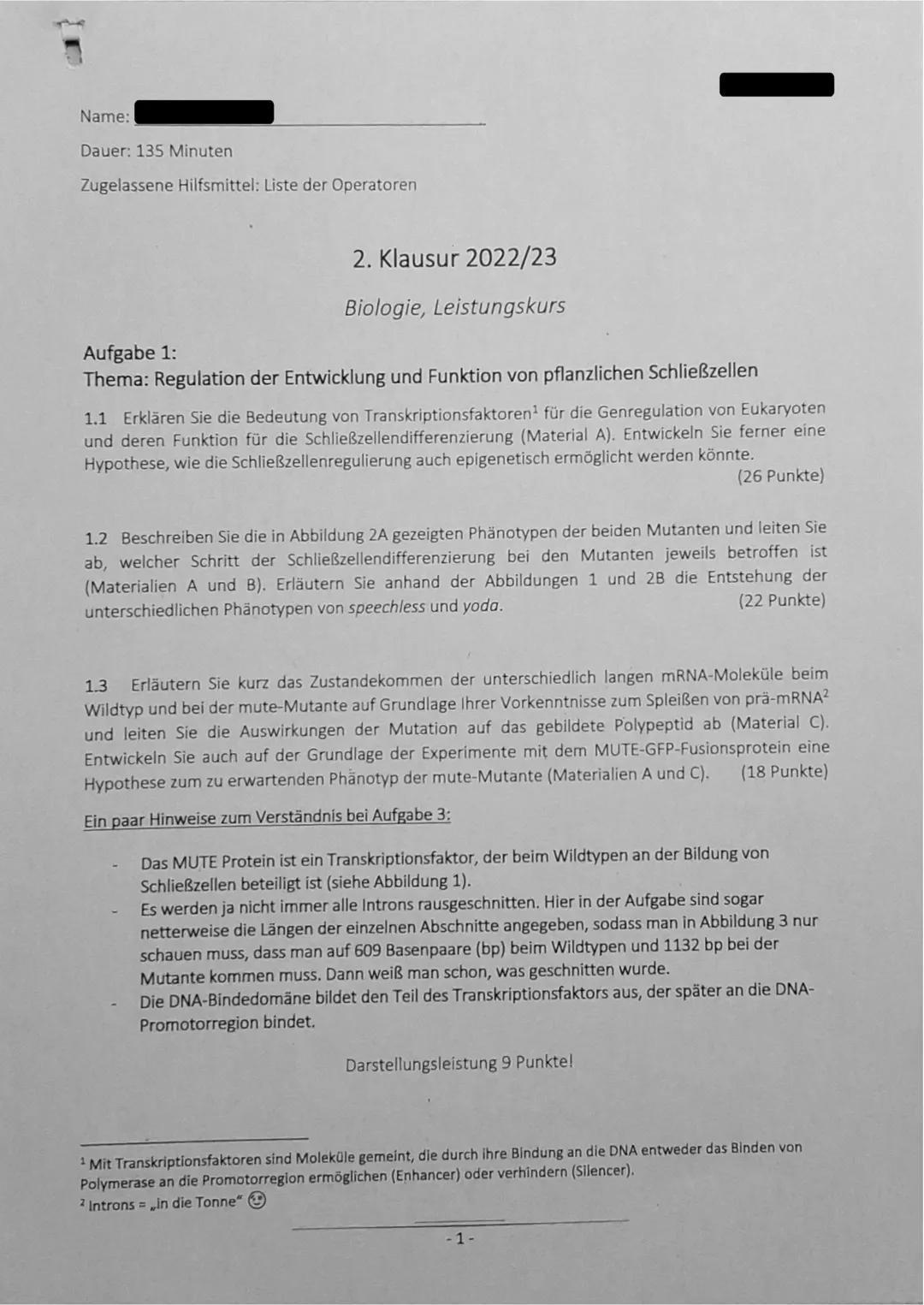 # Name:
Dauer: 135 Minuten
Zugelassene Hilfsmittel: Liste der Operatoren
2. Klausur 2022/23
Biologie, Leistungskurs
**Aufgabe 1:**
**Th
