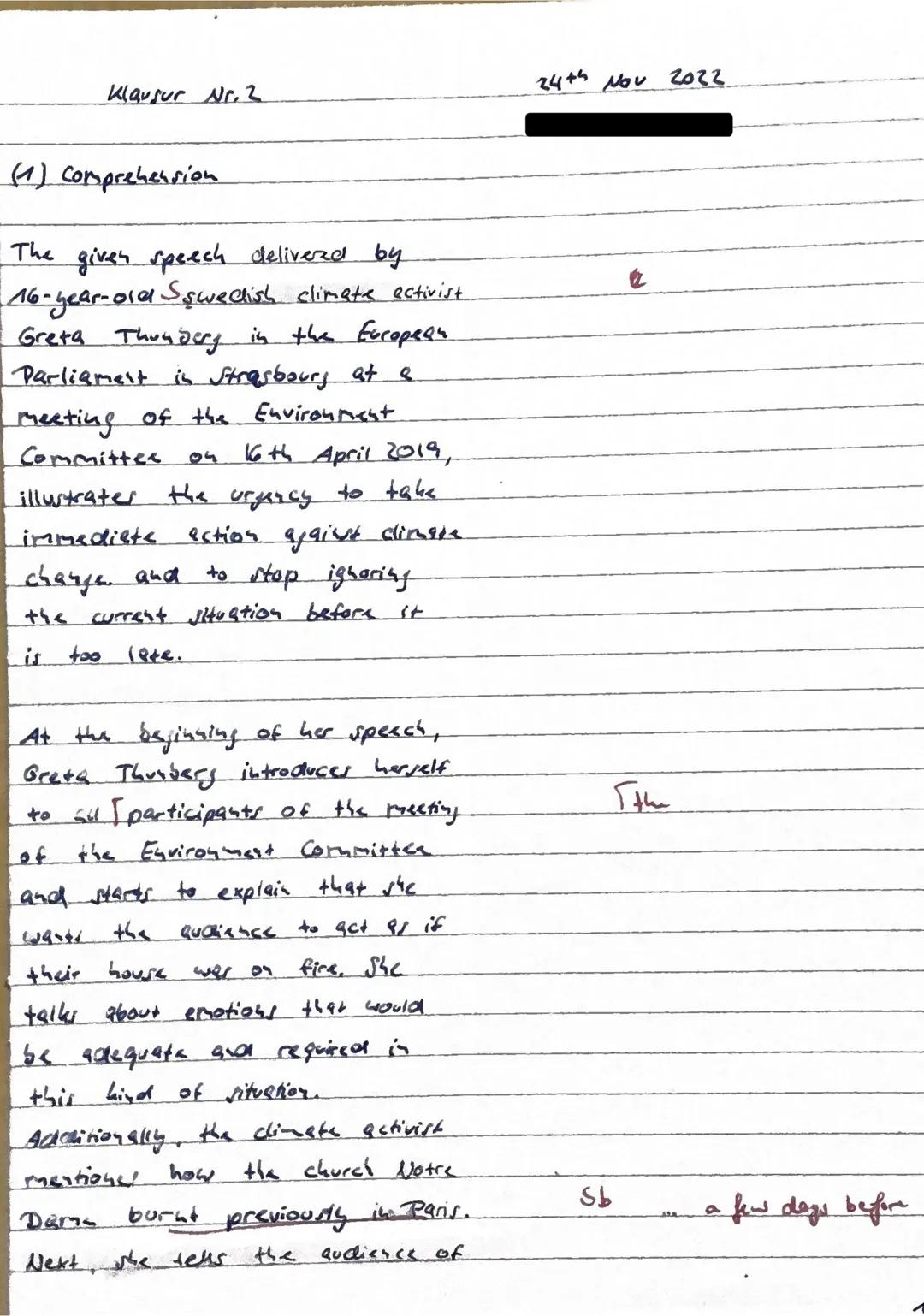 # LK Englisch
Klausur Nr. 2
24. November 2022
Speech given by Greta Thunberg in the European Parliament in Strasbourg at an
extraordinary