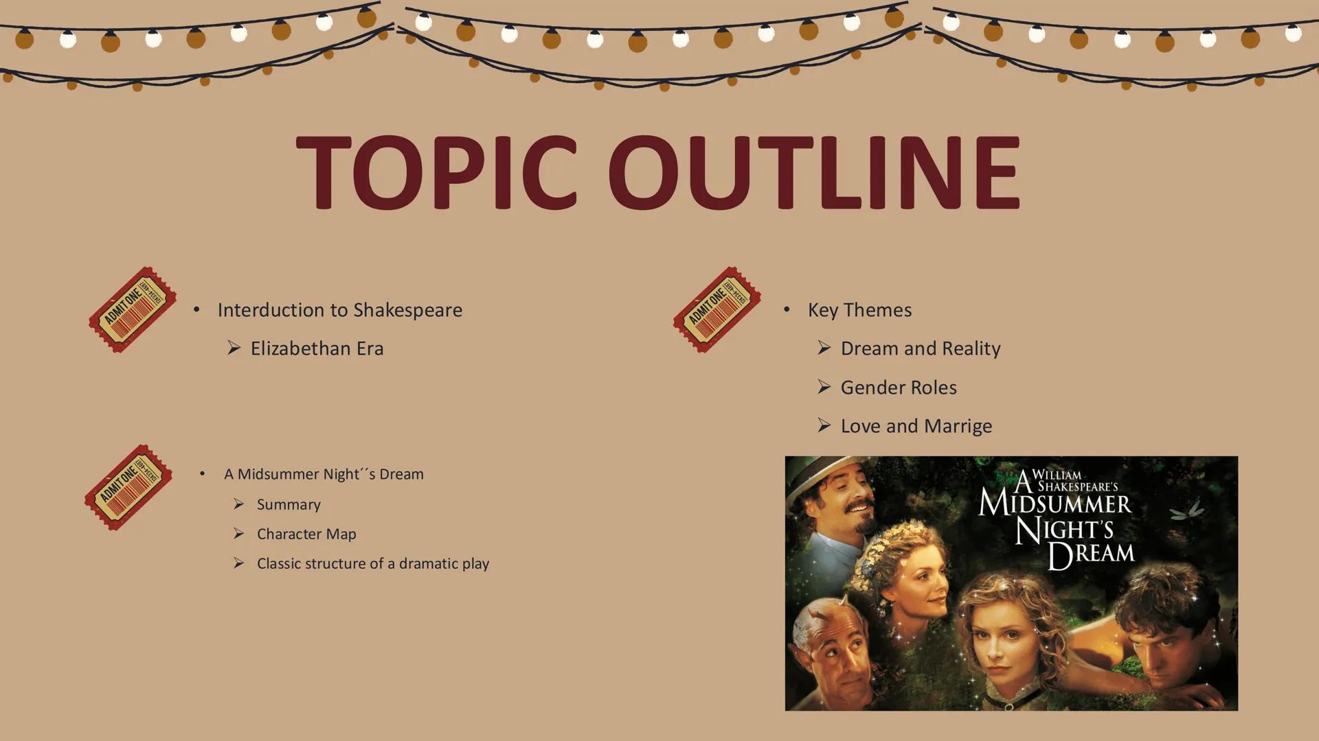 # A Midsummer Night's Dream
By William Shakespeare --- OCR Start ---
ADMIT ONE
4697
ADMIT ONE
TOPIC OUTLINE
• Interduction to Shakespeare
E